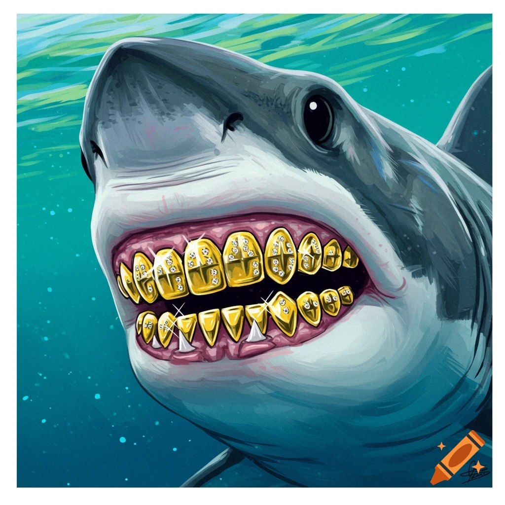 Close-up illustration of a shark underwater showing off gold teeth.