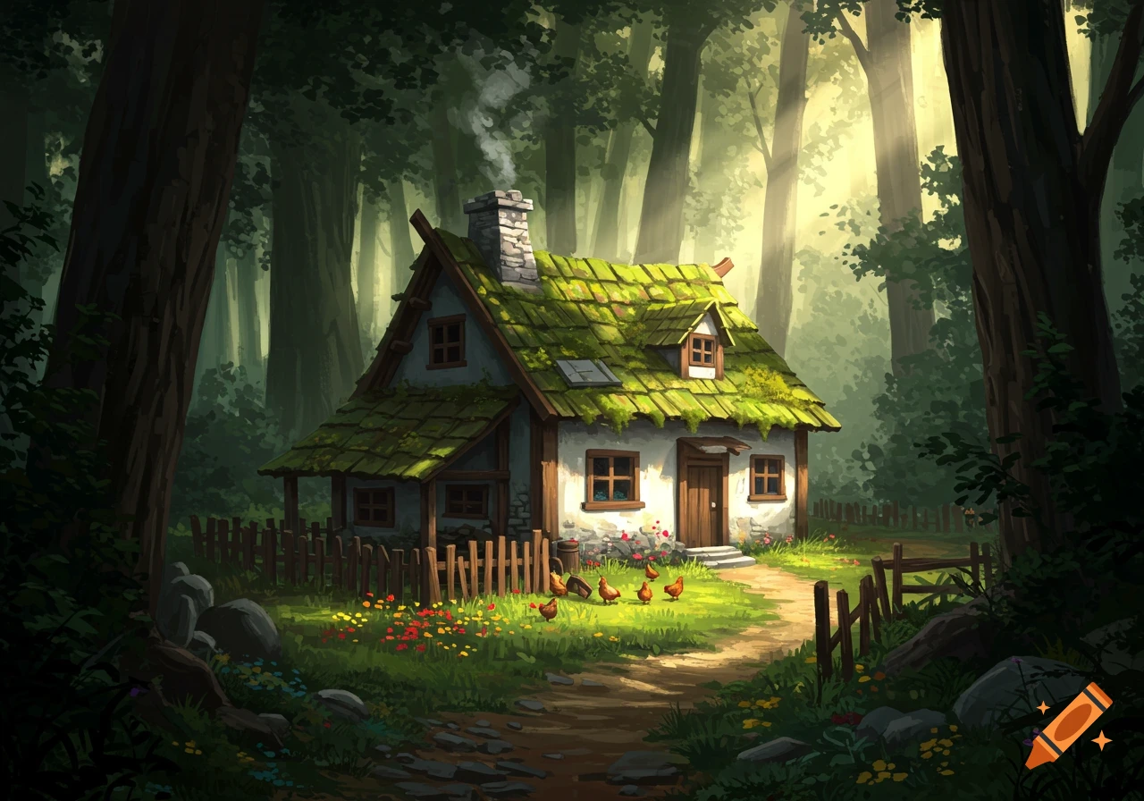 An illustrated cottage farm in a deep forest with chickens.