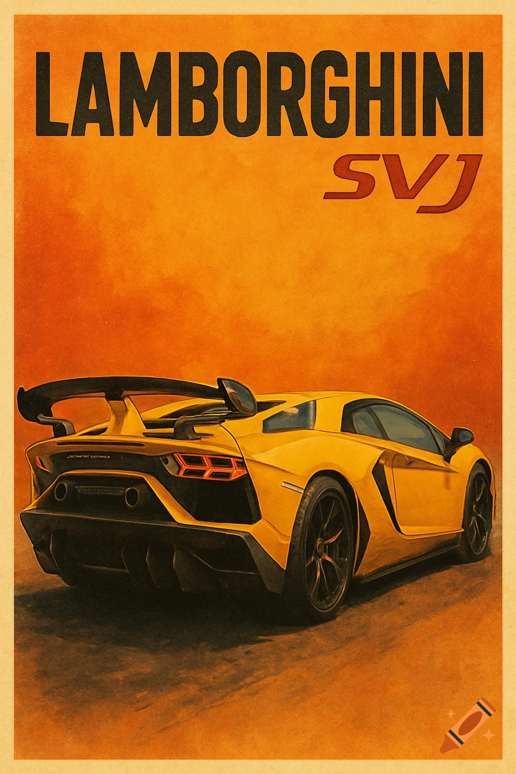 A yellow Lamborghini SVJ sports car viewed from the rear, styled as a vintage poster on an orange background.