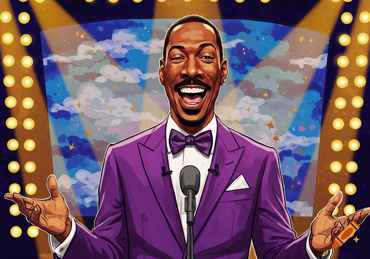 Illustration of a man resembling Eddie Murphy on stage, laughing in a purple suit.