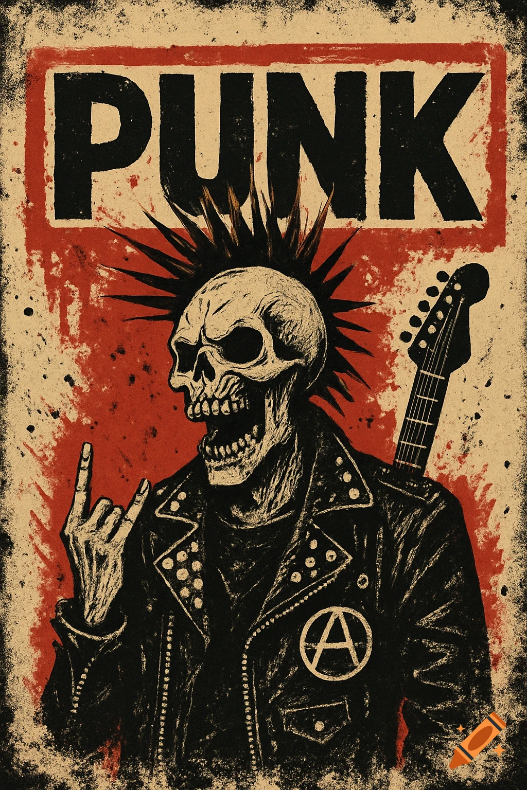 Grungy punk poster illustration of a skull with a mohawk and leather jacket holding a rock-on sign, with the word PUNK above.