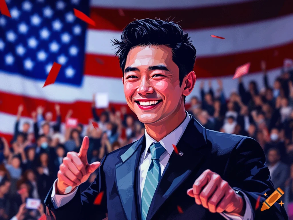 Man in suit smiling and pointing at a political rally with an American flag behind him, illustration.