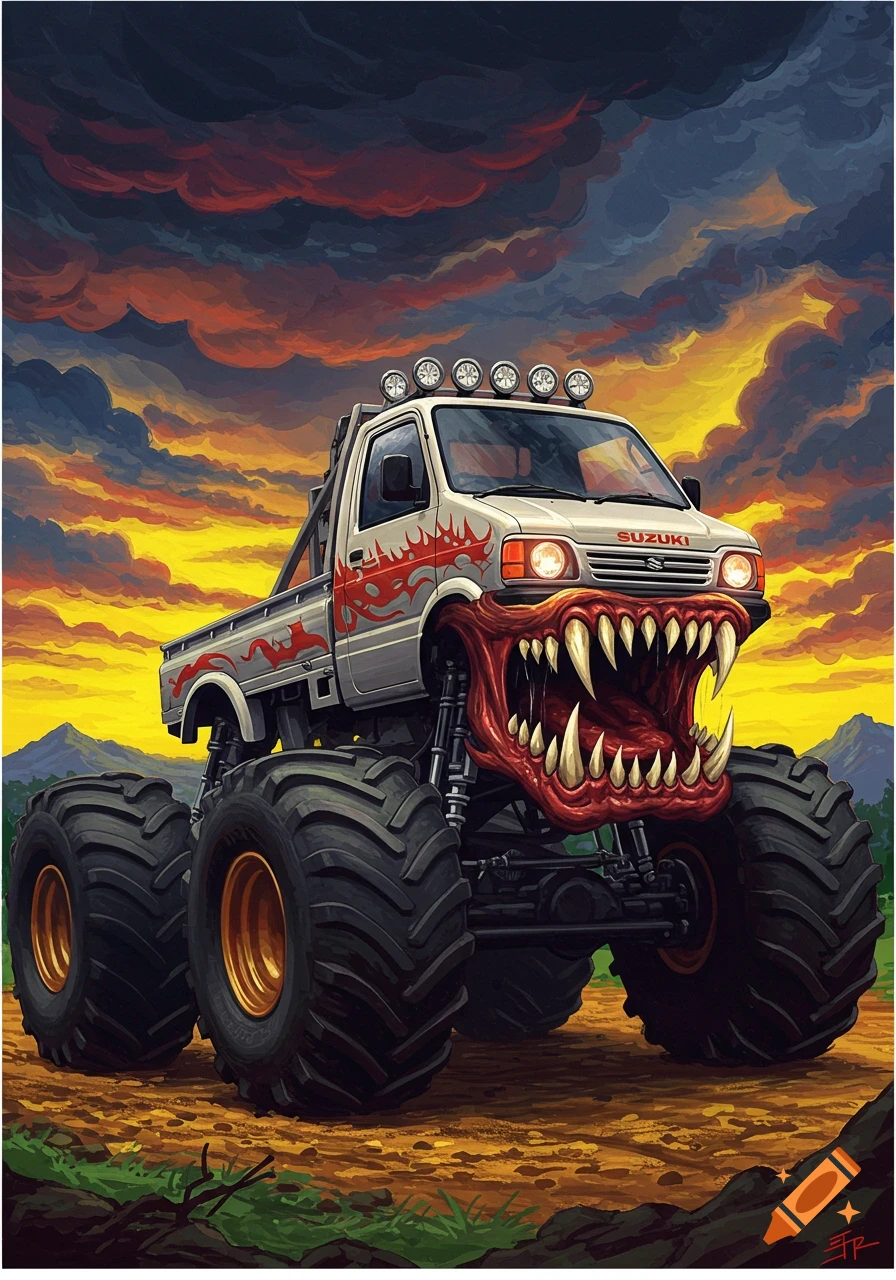 A monster truck with a monster mouth and red dragon decals under a dramatic sky, stylized illustration.