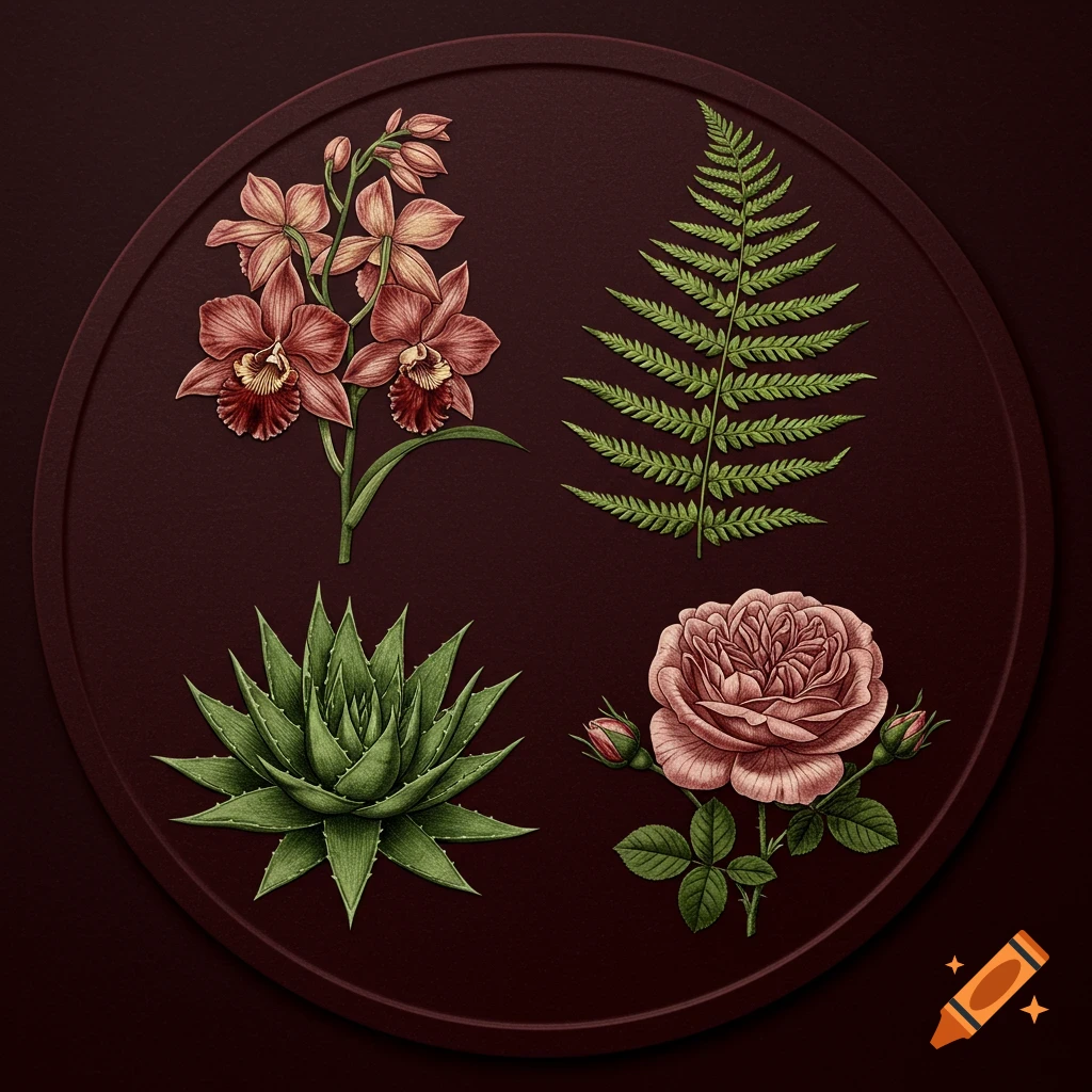 Botanical illustrations of orchid, fern, aloe, and rose in an embossed circular medallion on a dark red background.