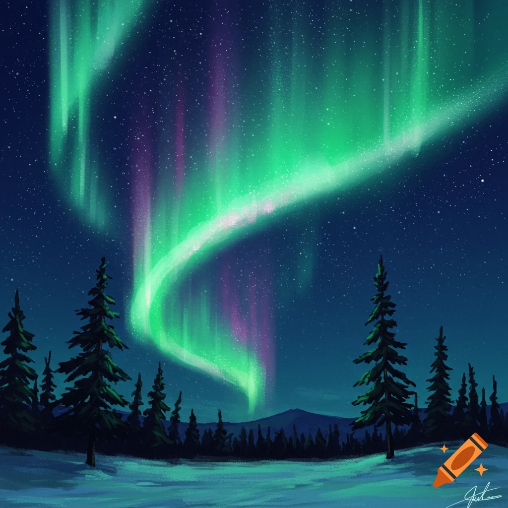 Green and purple aurora over a snowy forest landscape at night