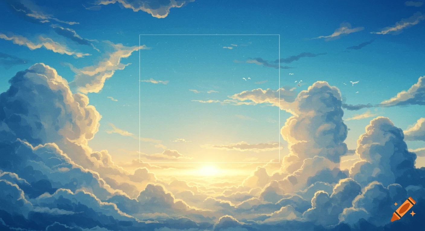 Dramatic view of a cloudy sky at sunrise with a square overlay.