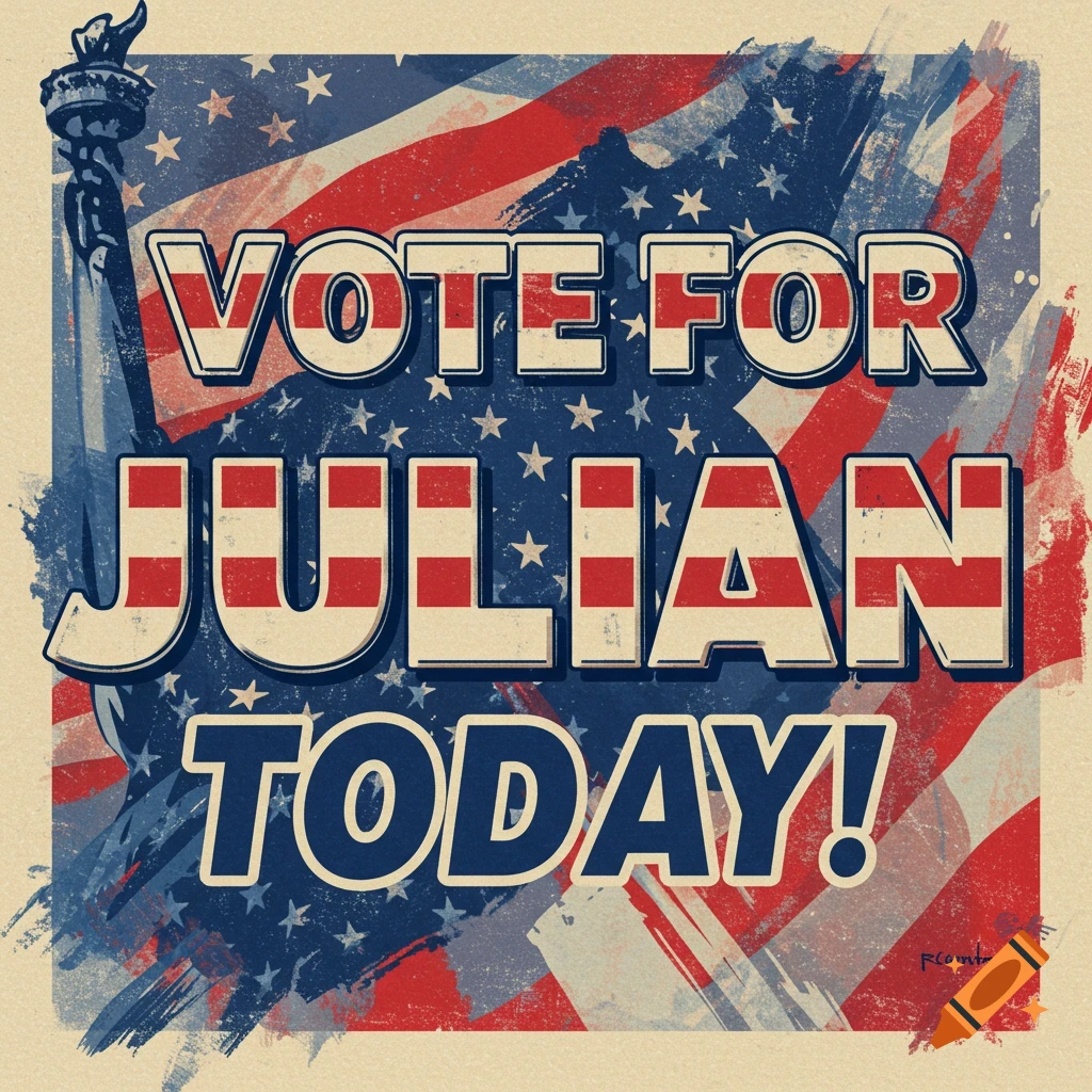 Vintage-style election poster with text 'VOTE FOR JULIAN TODAY!' over US flag and Statue of Liberty.