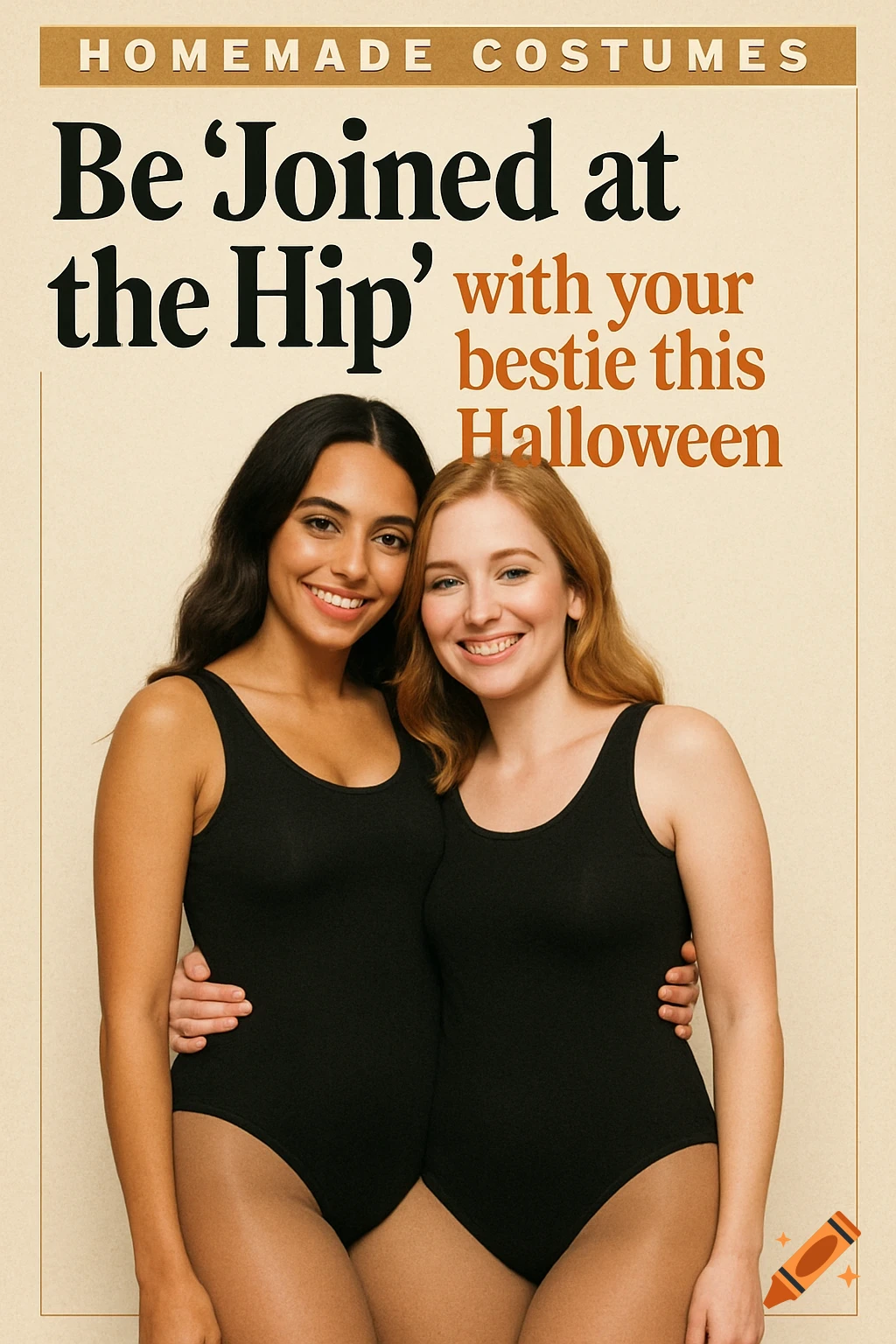 Magazine cover with two women in black leotards embracing for a Halloween costume