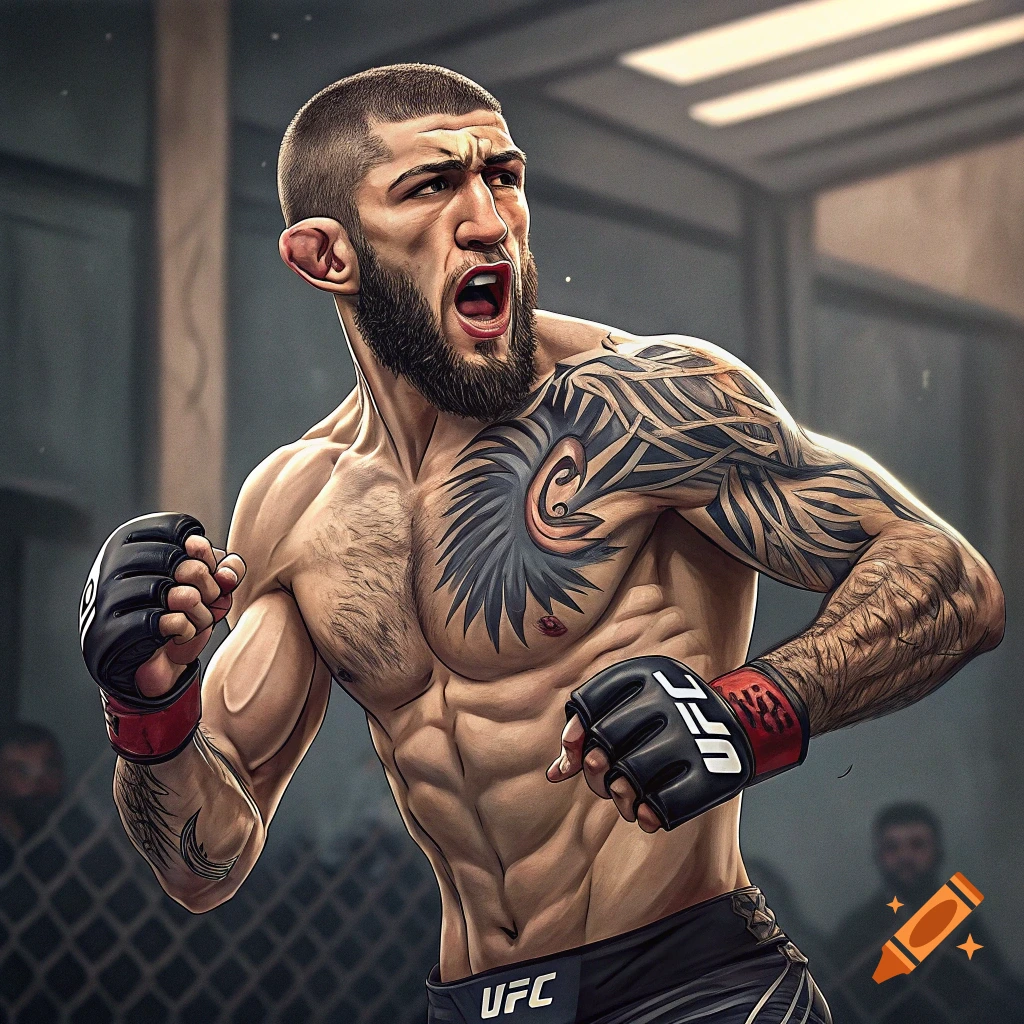 Stylized depiction of an MMA fighter with tattoos in a ring, wearing UFC gear.