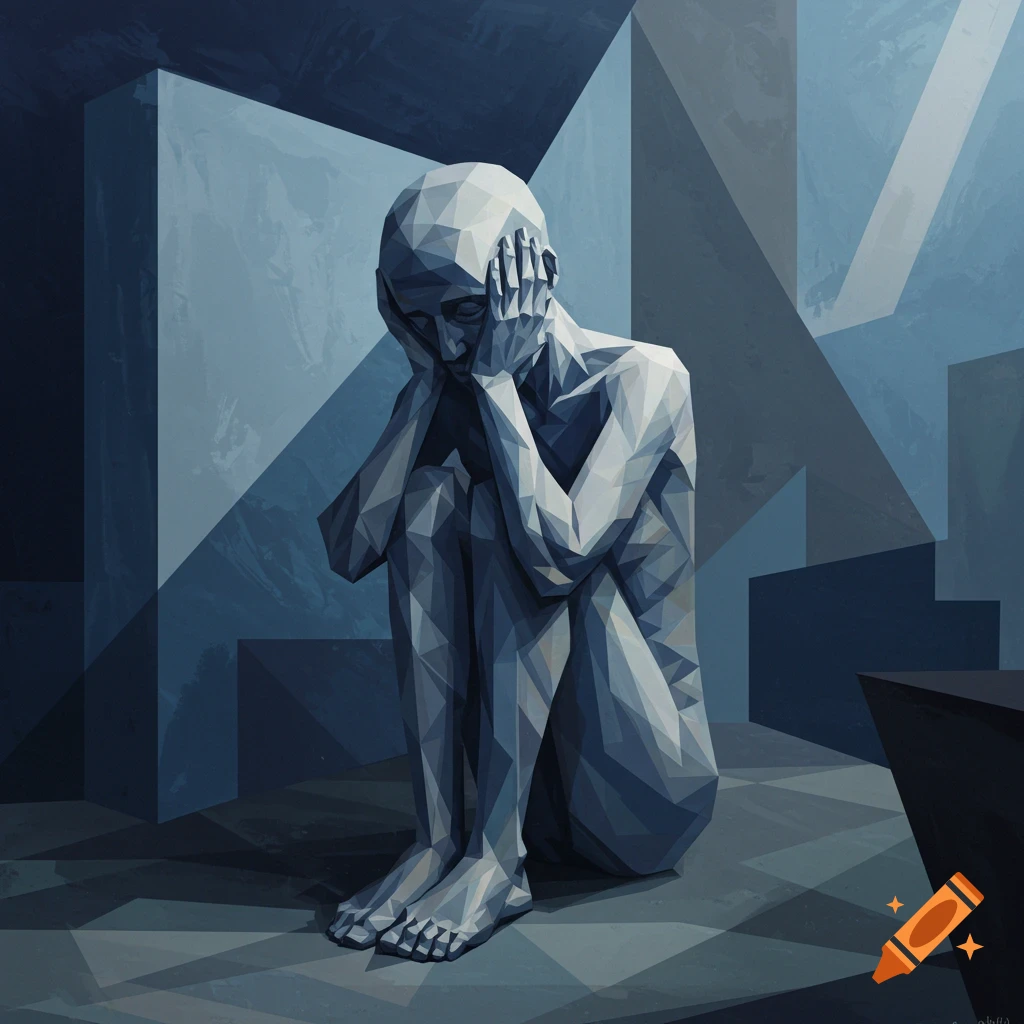 Cubist figure sitting in a room, holding head in hands, in blue tones.