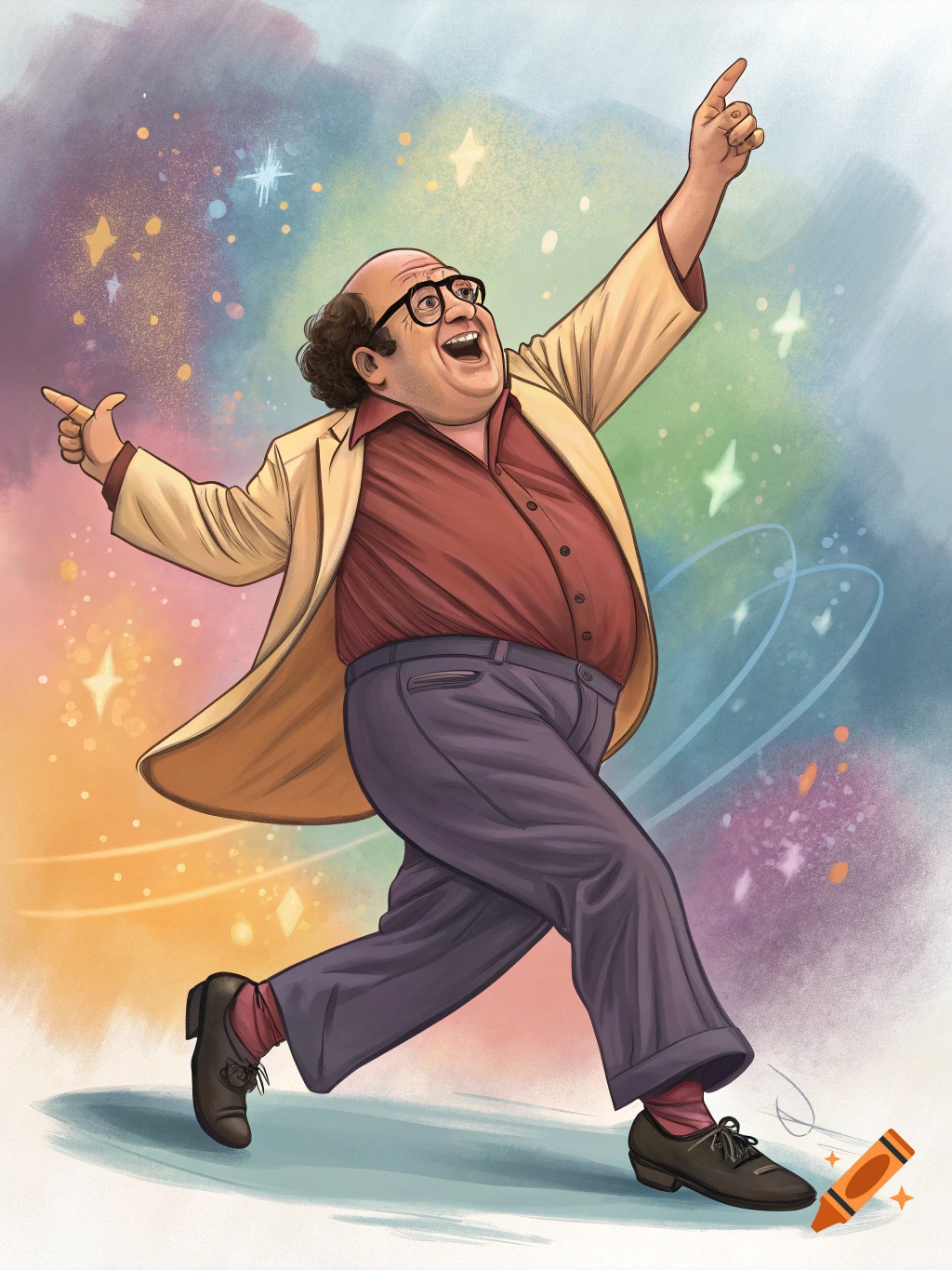 A cartoon illustration of Danny DeVito dancing energetically in a colorful, sparkly background.
