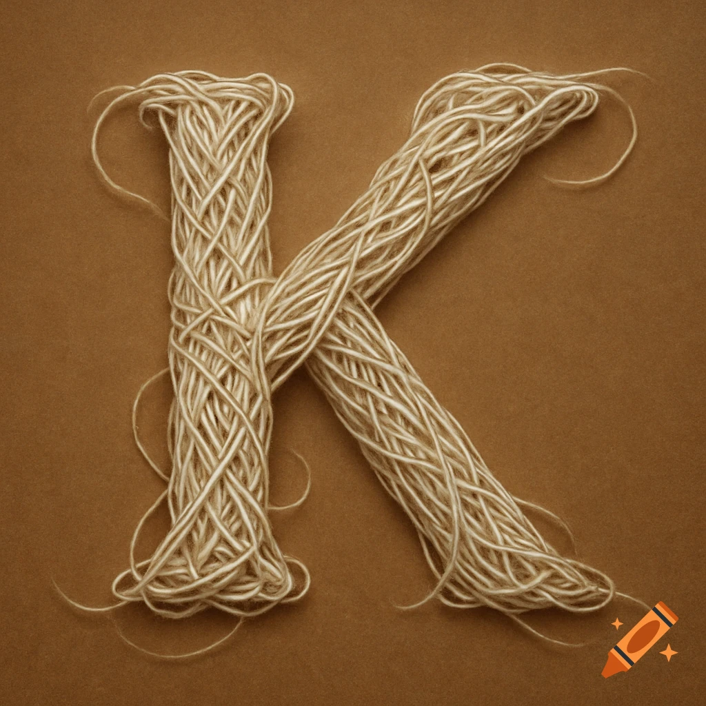 The letter K formed from tangled light-colored string on a brown background.