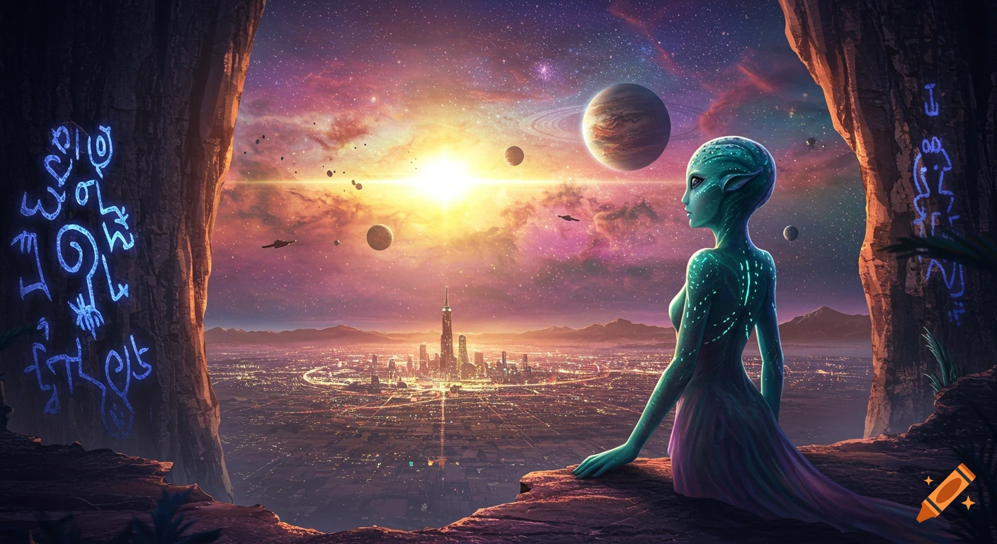 Green alien on a cliff overlooks futuristic city under cosmic sky with planets.
