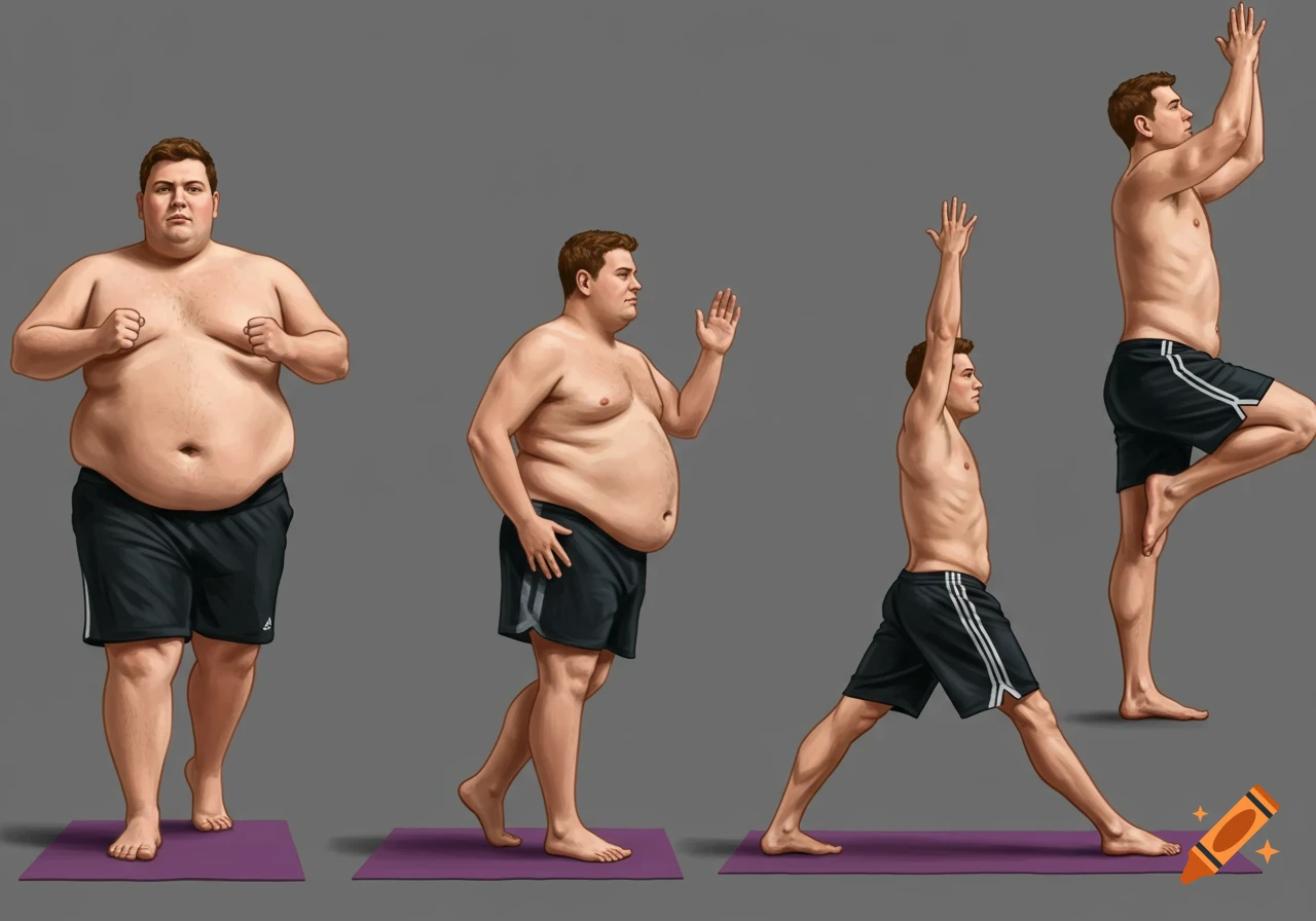 Montage shows a man's fitness transformation from overweight to fit through various exercise poses.