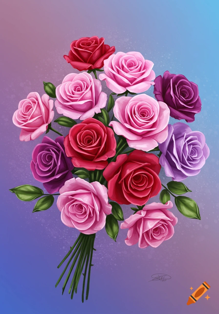 A bouquet of pink, red, and purple roses