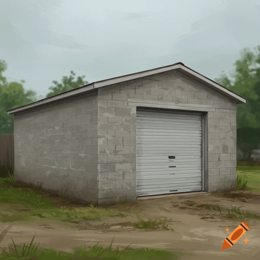 A cinder block garage with a roll-up door set in a landscape.