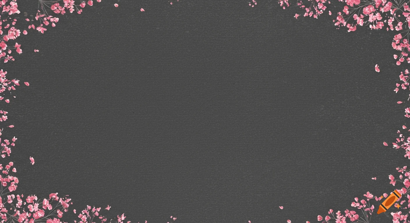Dark gray textured background with pink flowers along the top and bottom edges.