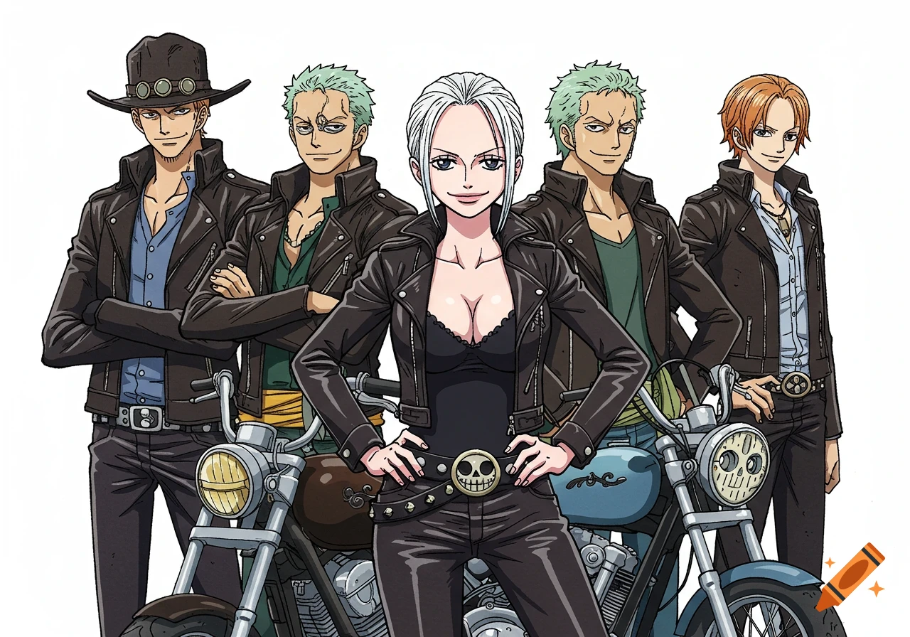 One Piece anime characters wearing biker jackets stand with motorcycles.