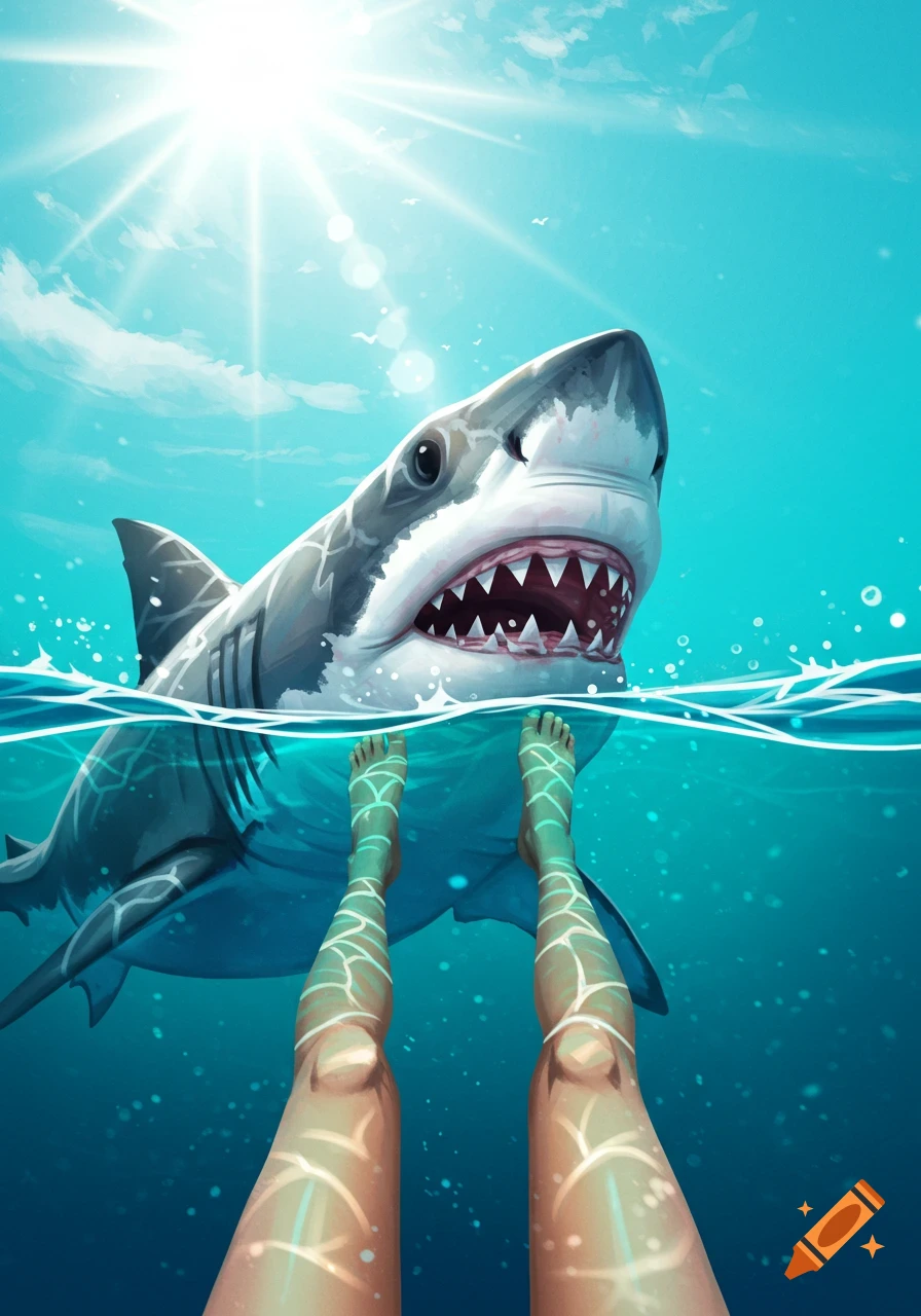 Illustration of a shark near a person's legs underwater.