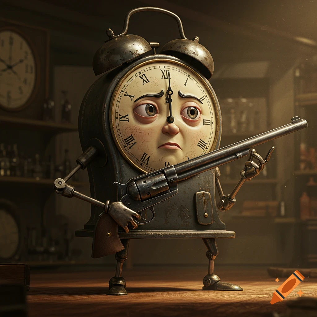 An anthropomorphic alarm clock with a face and mechanical arms holds a revolver on a table.