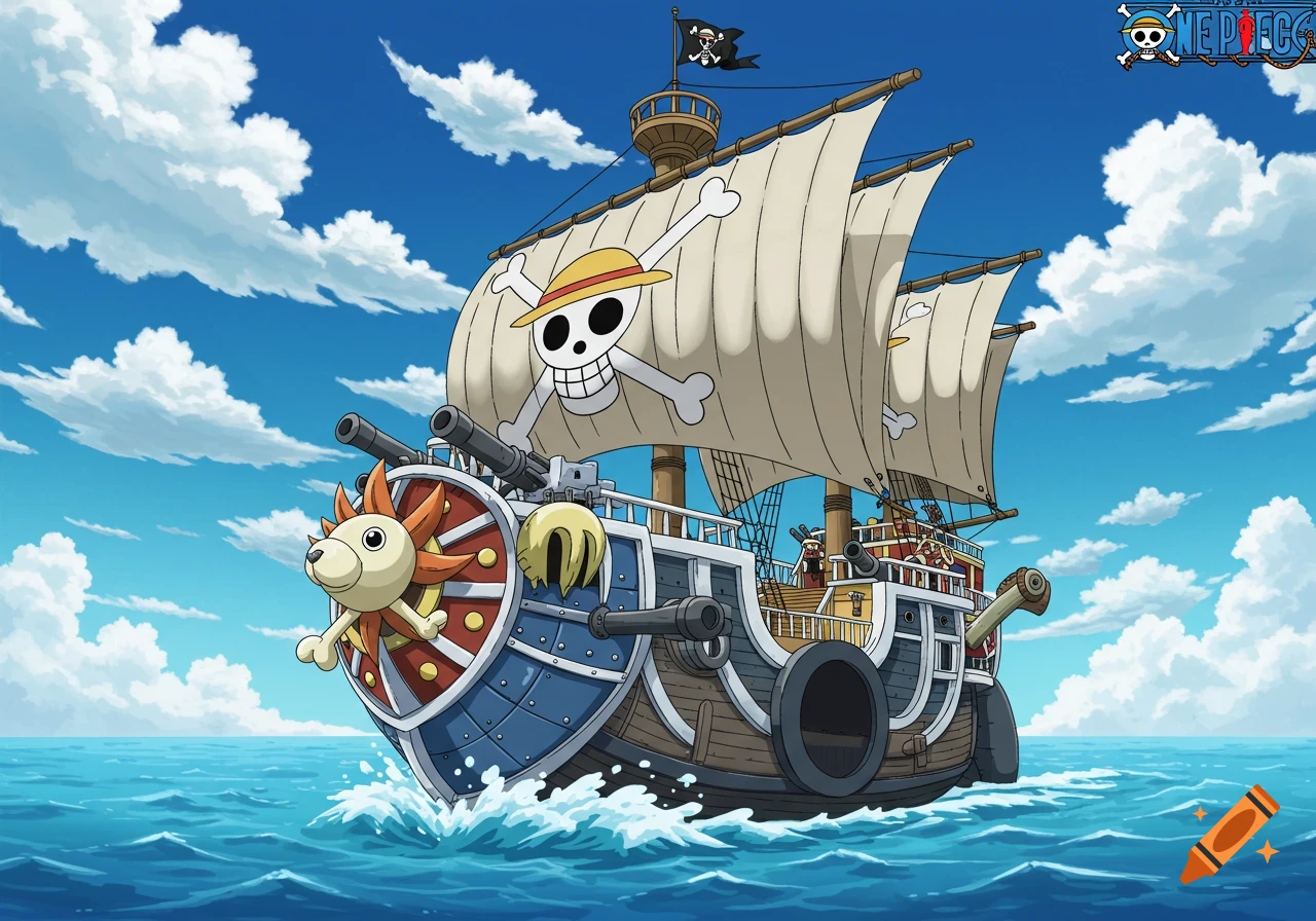 Anime illustration of the Thousand Sunny ship from One Piece sailing on the ocean.