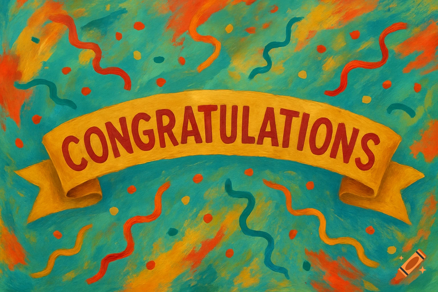 A yellow banner with "CONGRATULATIONS" in red on a teal background with confetti and streamers in a painted style.