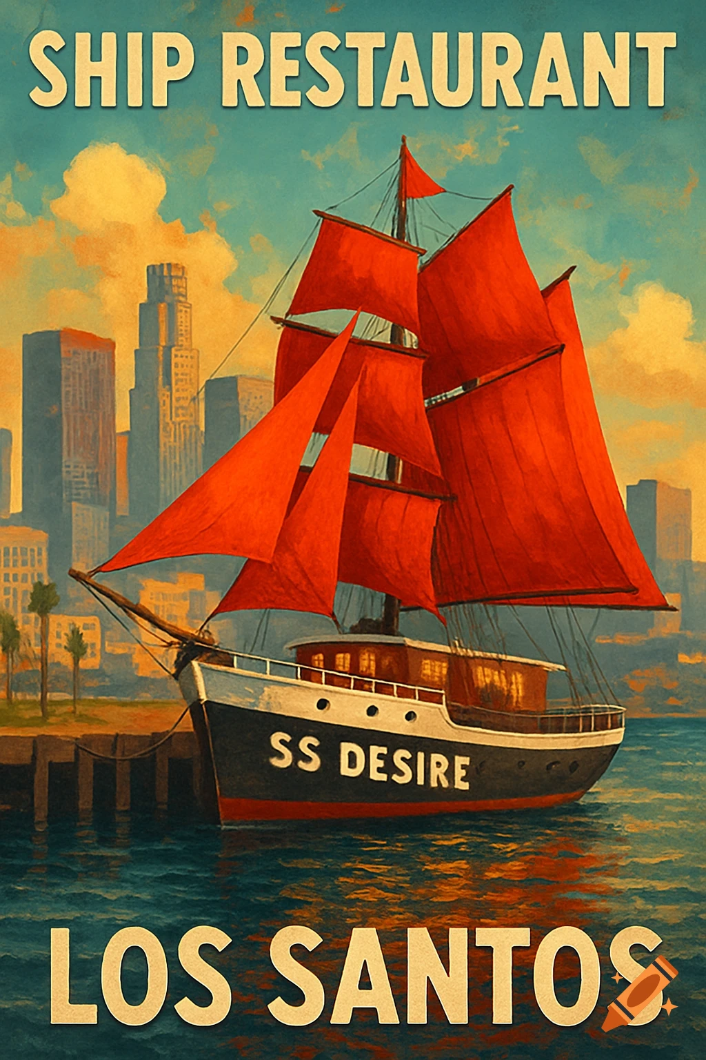 Poster of a ship with red sails docked in a city.