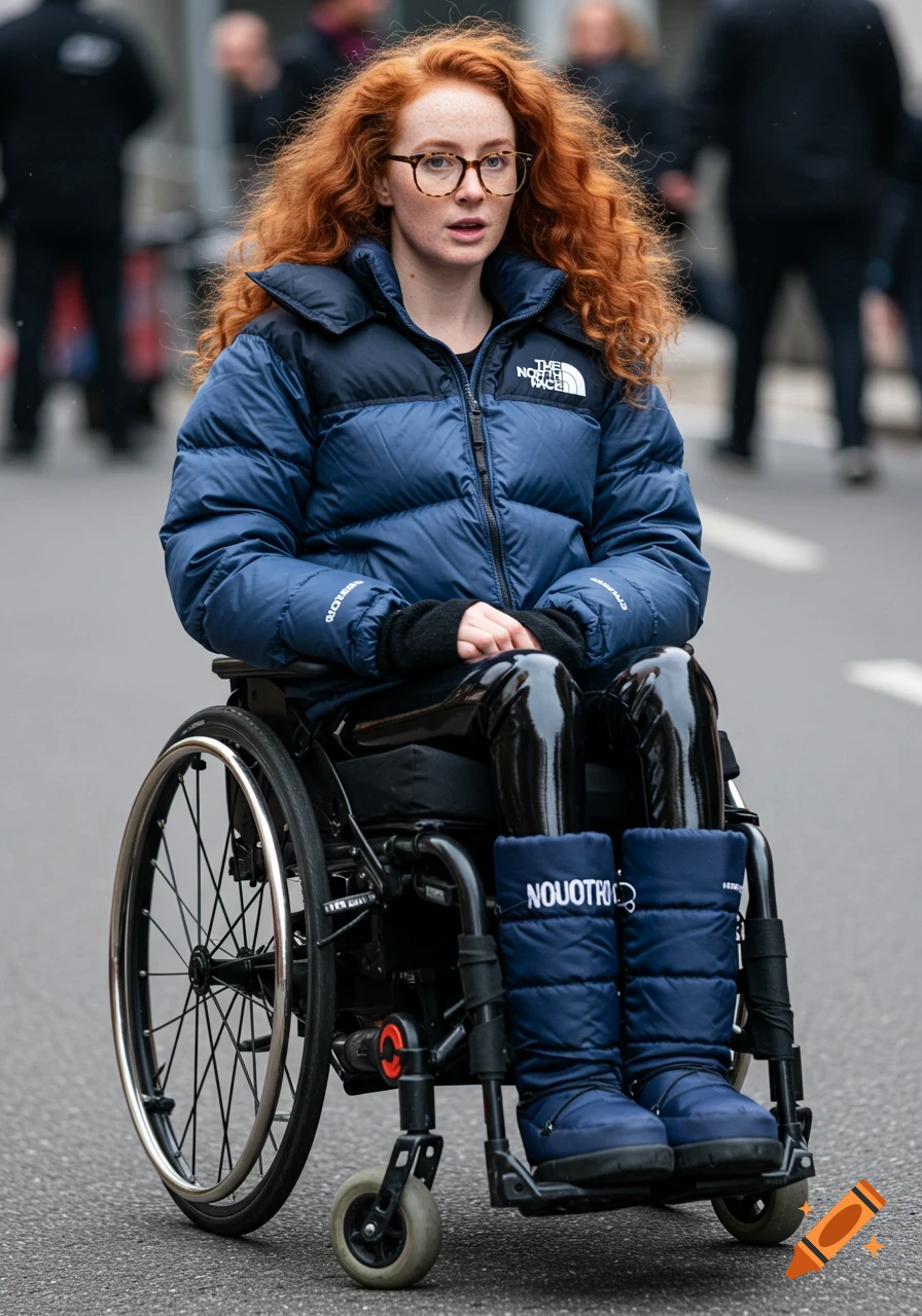 A woman with red curly hair and glasses wearing a blue puffer jacket and shiny leggings sits in a wheelchair.