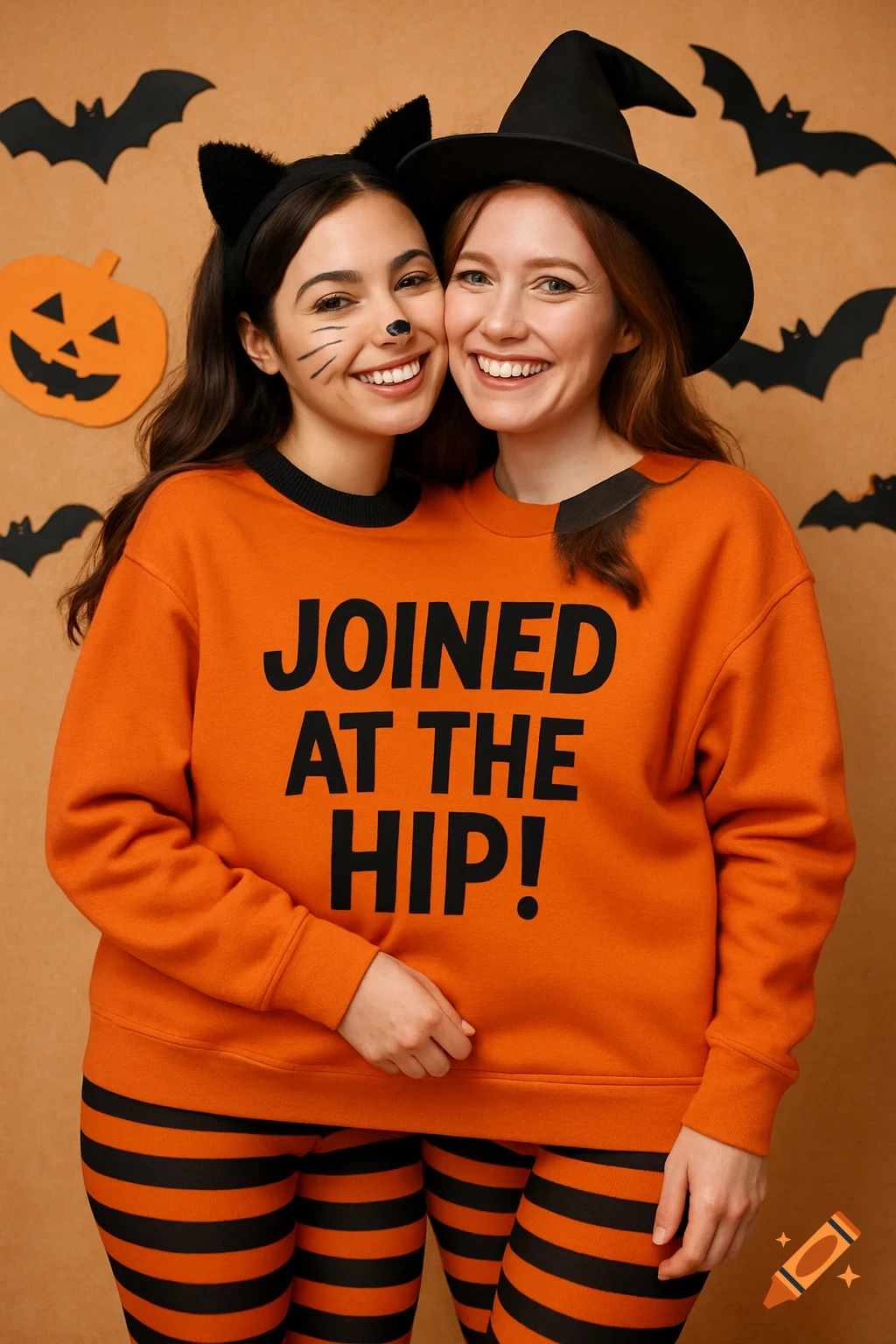 Two women in Halloween costumes, one with cat ears and face paint, the other with a witch hat, sharing a large orange sweatshirt that says "JOINED AT THE HIP!". They stand in front of a Halloween backdrop with paper bats and a pumpkin.