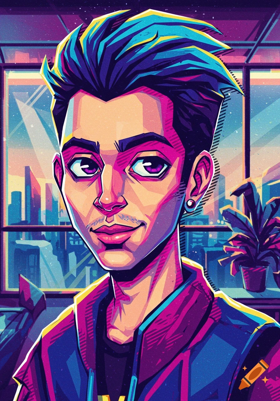Stylized vector art portrait of a man with blue hair and futuristic city background.