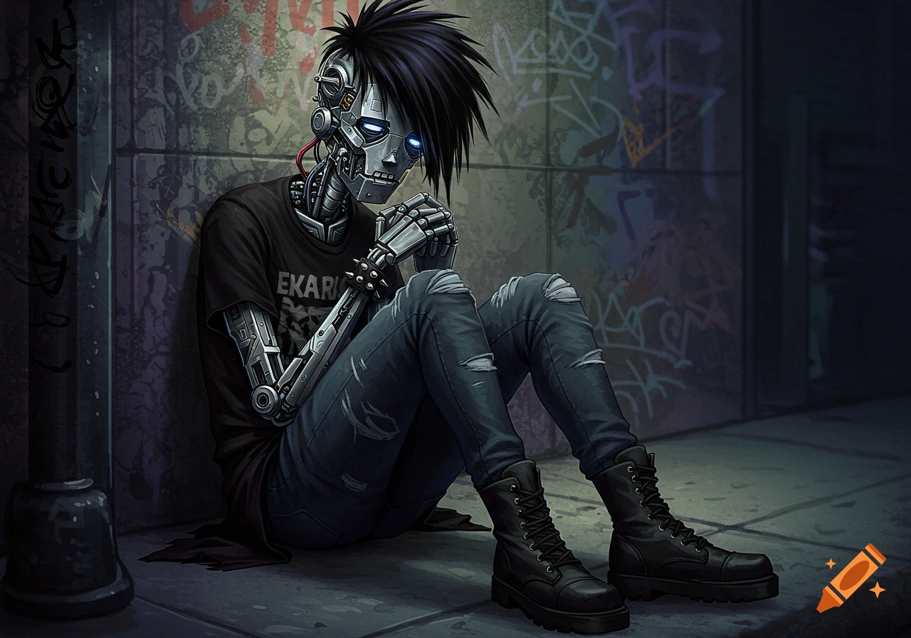 A robot dressed as an emo teenager sits against a graffiti-covered wall.