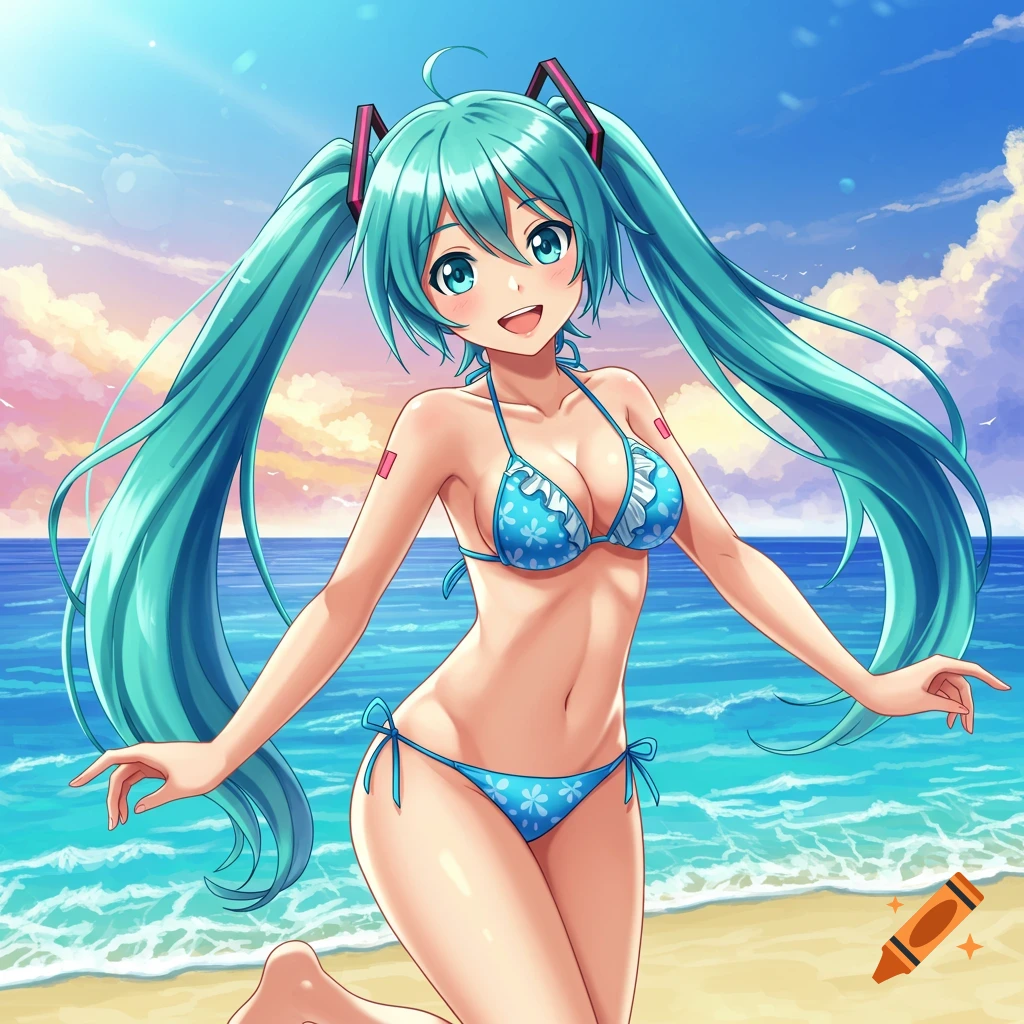 Anime girl in blue bikini on a beach
