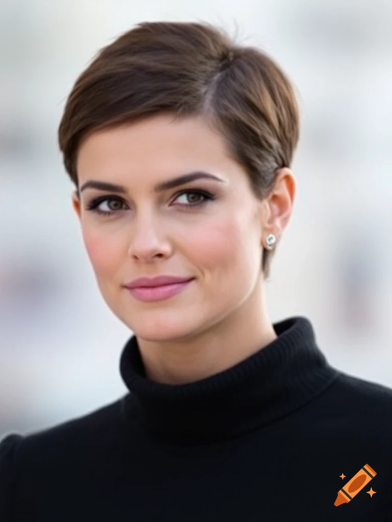Close-up portrait of a woman with a short pixie haircut wearing a black turtleneck