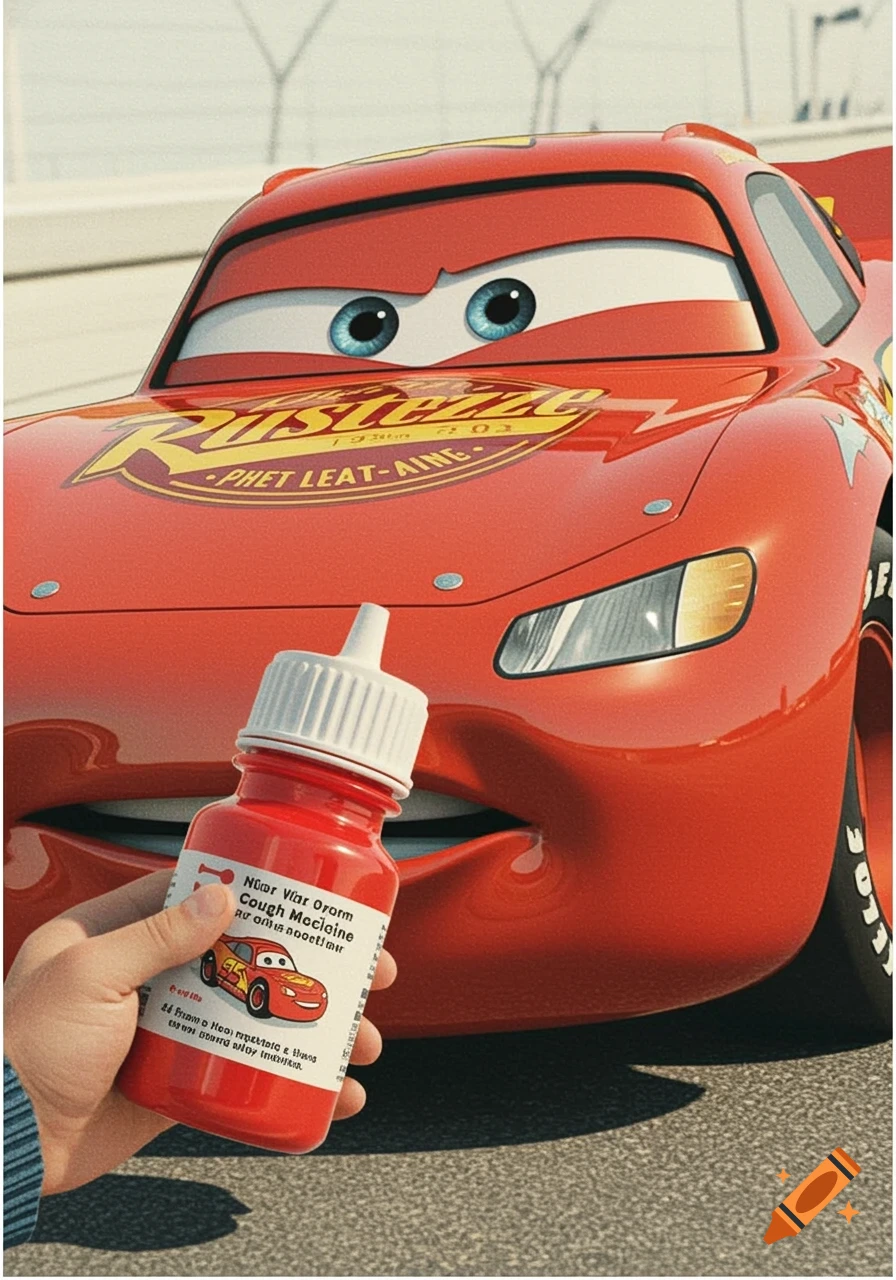 Lightning McQueen holding a red bottle