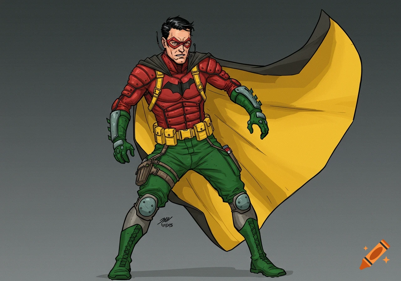 Illustration of a tactical Robin costume with red top, green pants, yellow belt and cape.