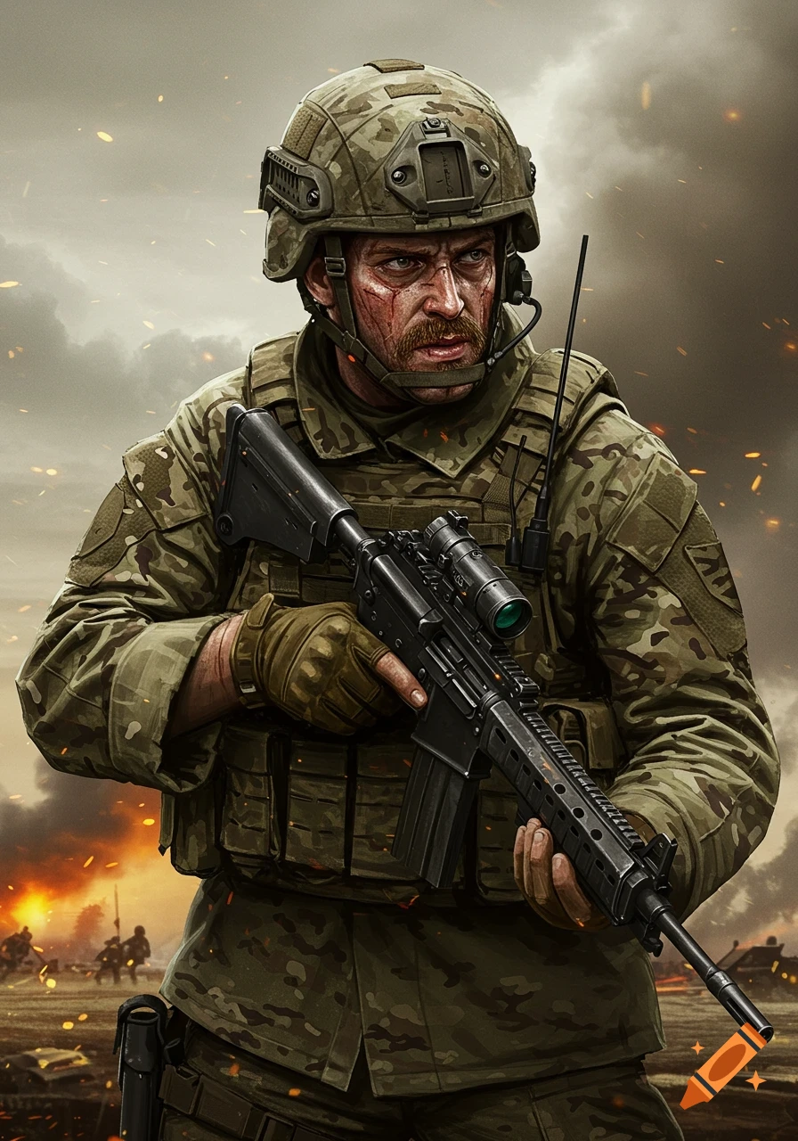 A soldier in camouflage gear holds a rifle on a battlefield with smoke and fire.