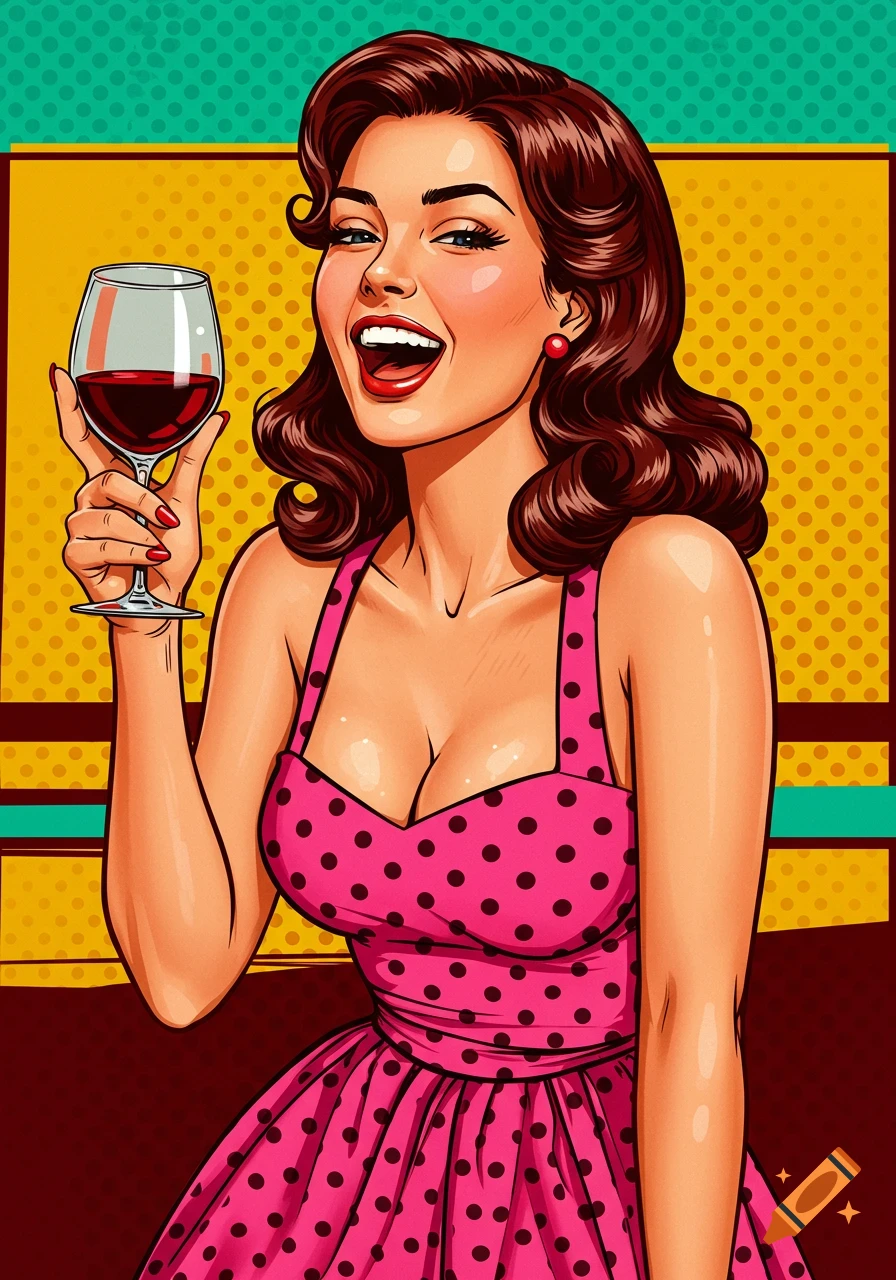 Vintage pin-up comic art of a woman laughing and holding a glass of wine.