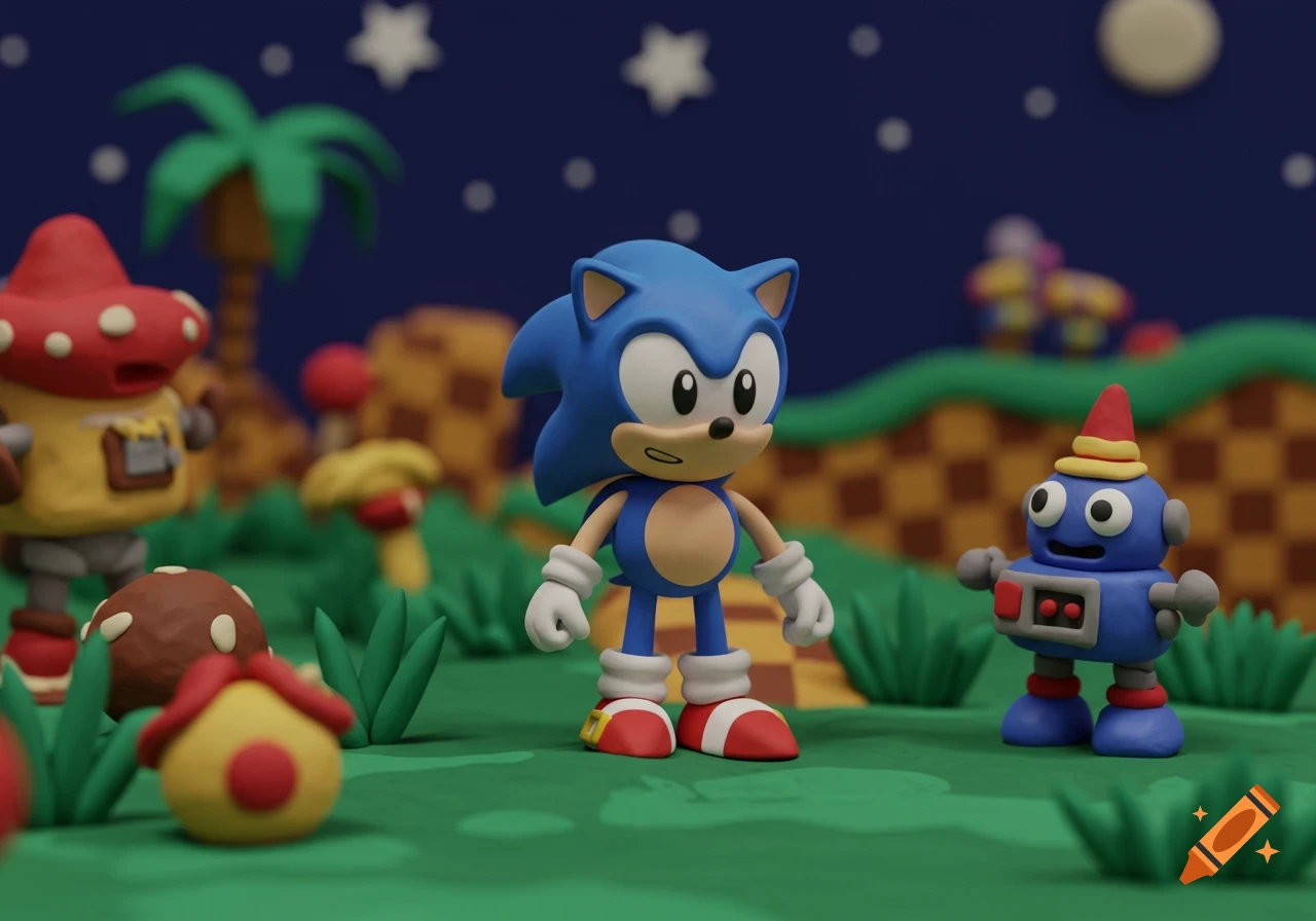 Claymation scene of Sonic the Hedgehog and a robot in the Green Hill Zone with mushrooms and a palm tree under a starry night.