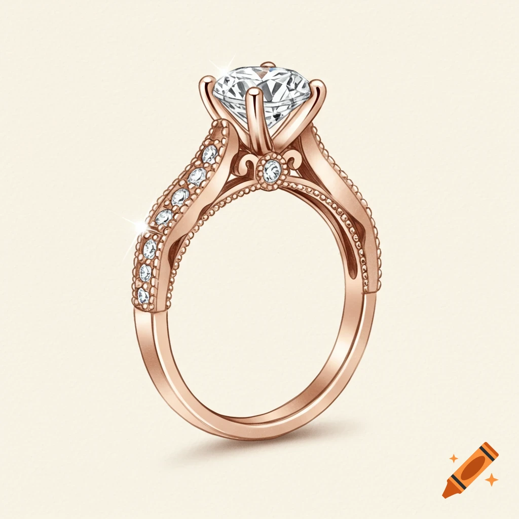 Illustration of a rose gold engagement ring with a diamond, side stones, and milgrain detailing.