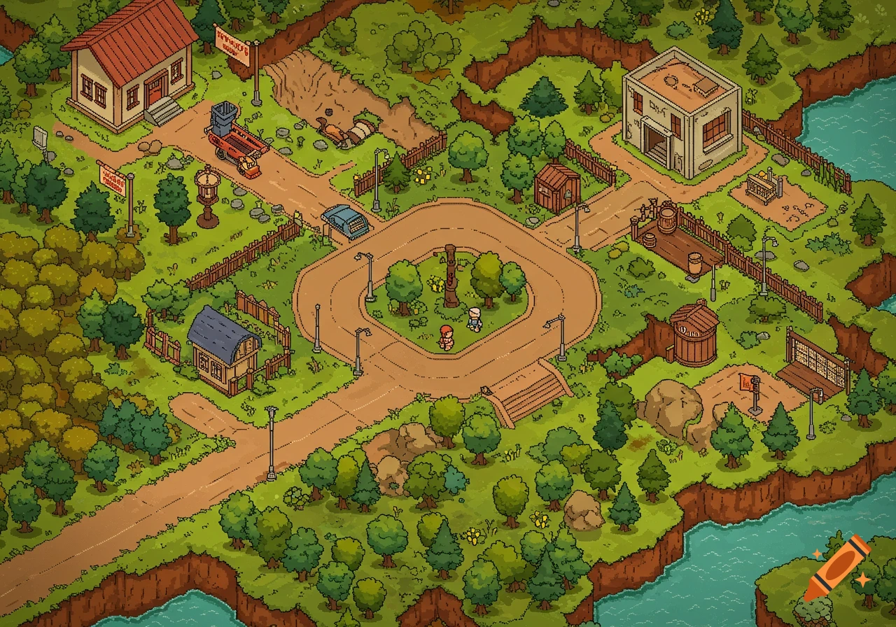 Pixel art top-down view of a village with buildings, roads, trees, and river.