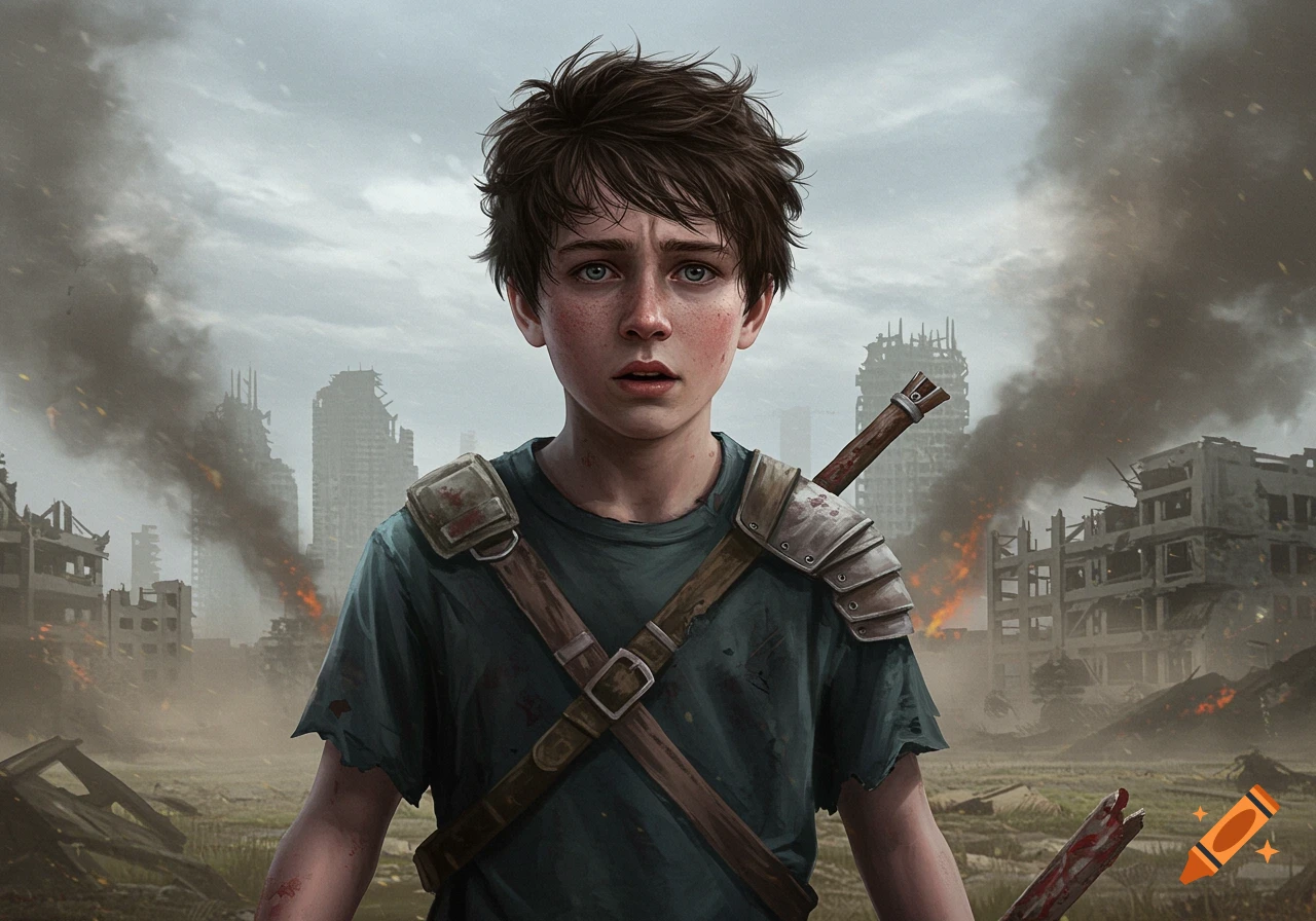 Scared boy with armor and sword in a ruined city, digital painting
