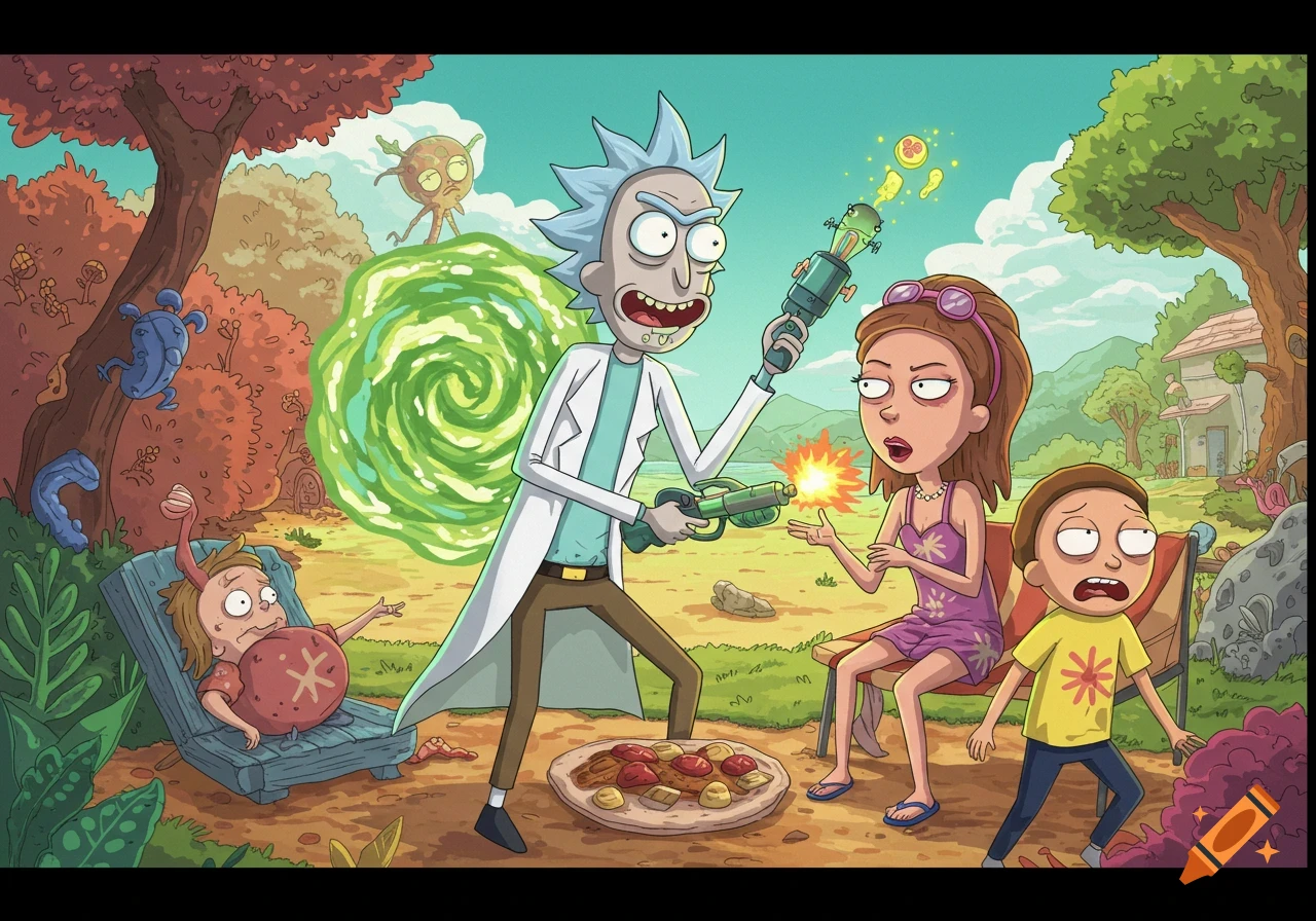 Rick, Summer, and Morty in a surreal landscape with a glowing portal, strange creatures, and a pizza on the ground.
