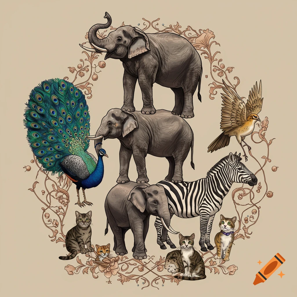 Illustration of a stack of animals including elephants, a peacock, a zebra, and cats surrounded by decorative scrollwork.