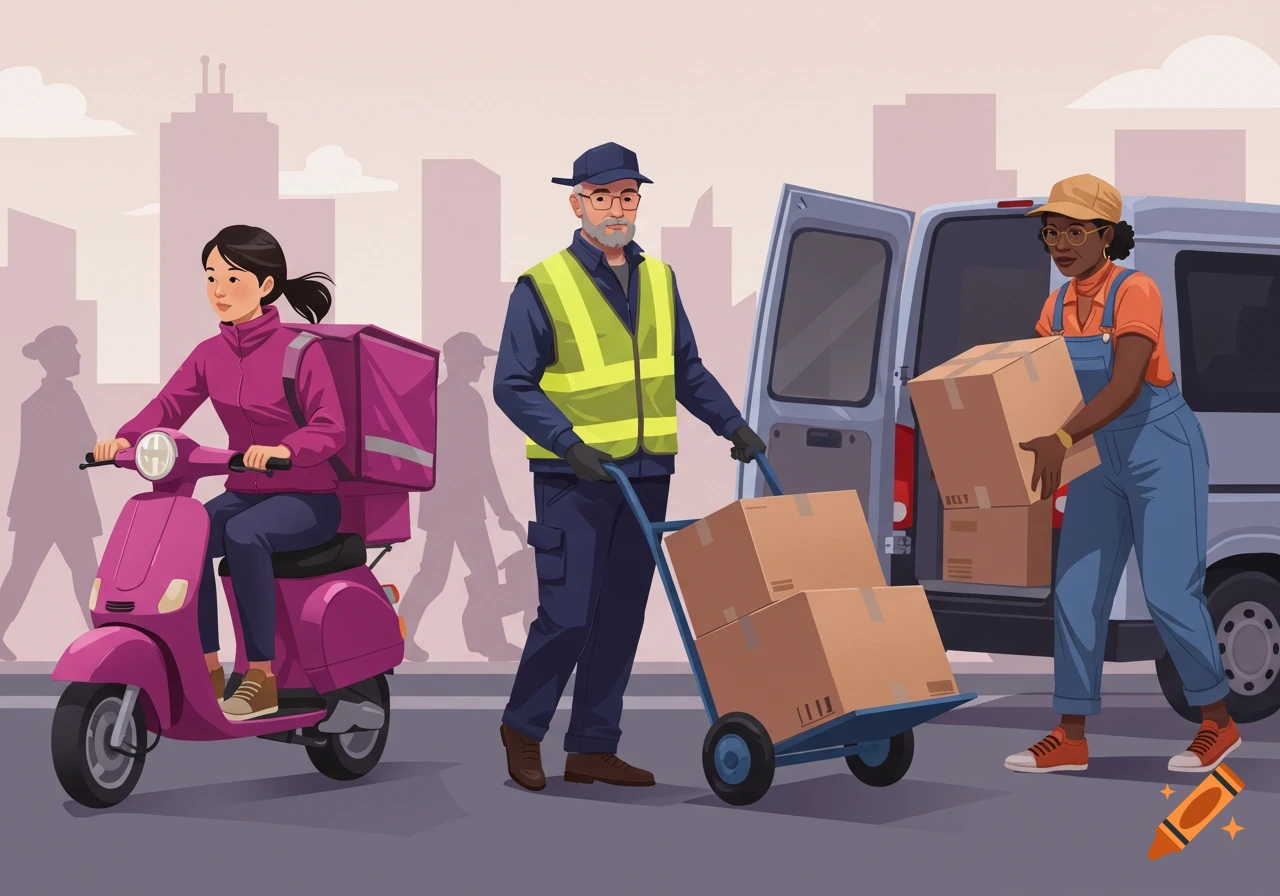 Illustration of delivery couriers with scooter, hand truck, and van in a city street
