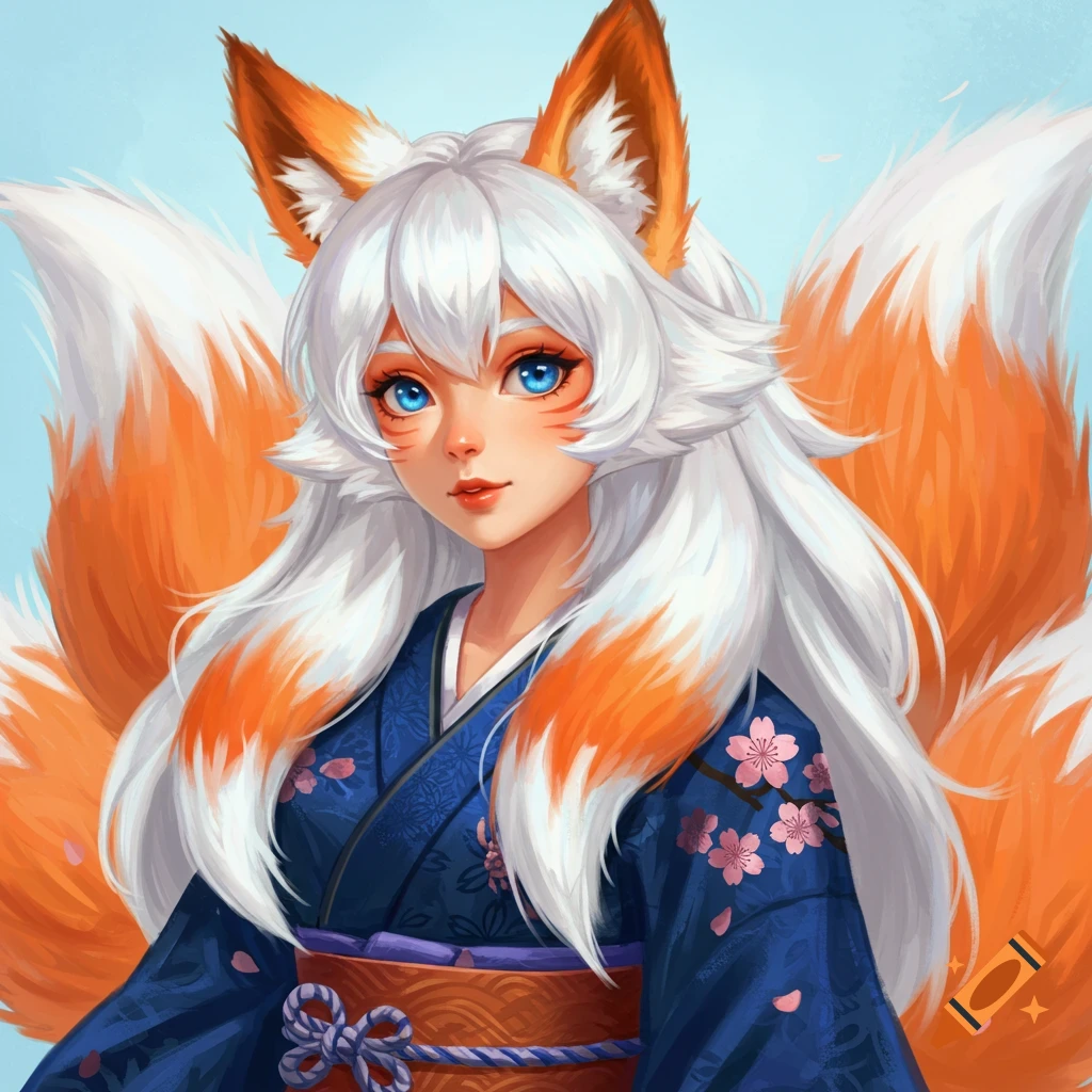 Anime style character with white hair, fox ears and tails, wearing a blue kimono with cherry blossoms.