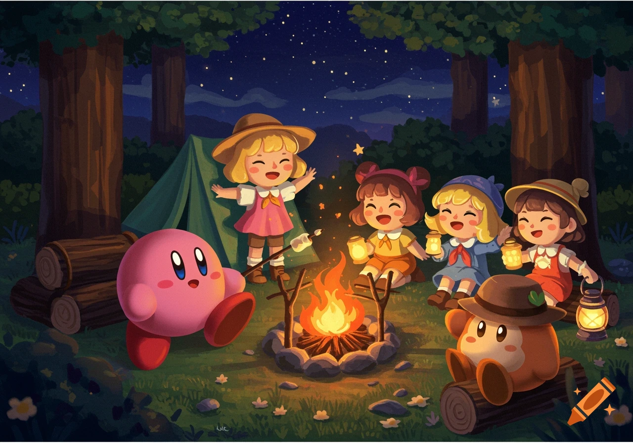 Kirby and Waddle Dee camp with girls around a campfire at night in an illustration style.