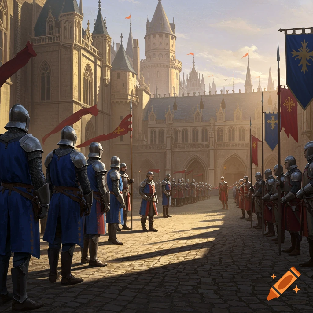 Medieval soldiers standing in formation before a large castle.