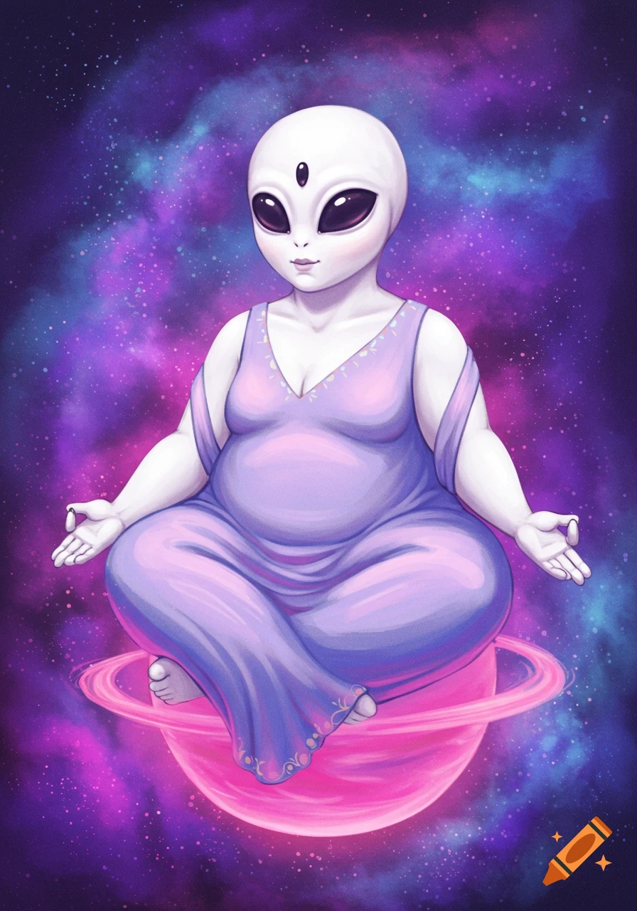 A plus-size white alien in a purple dress meditates on a pink ringed planet in a galaxy.