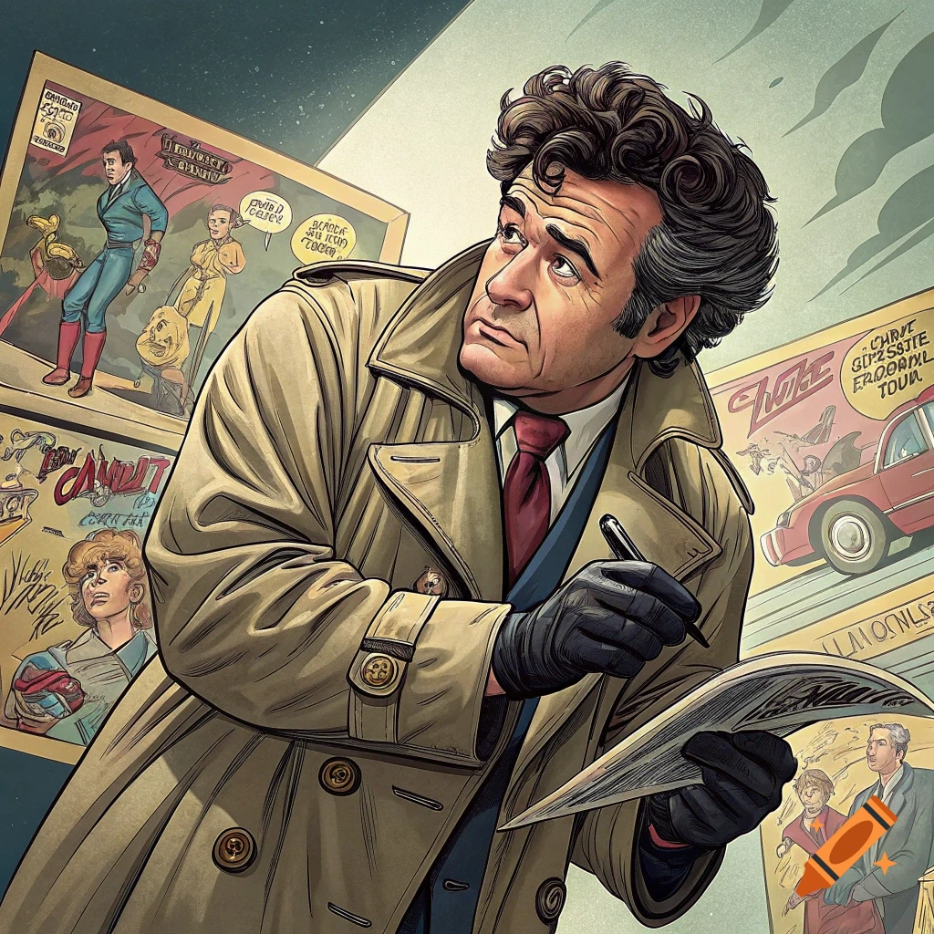 Comic art portrait of Detective Columbo in a trench coat, looking at comic book covers
