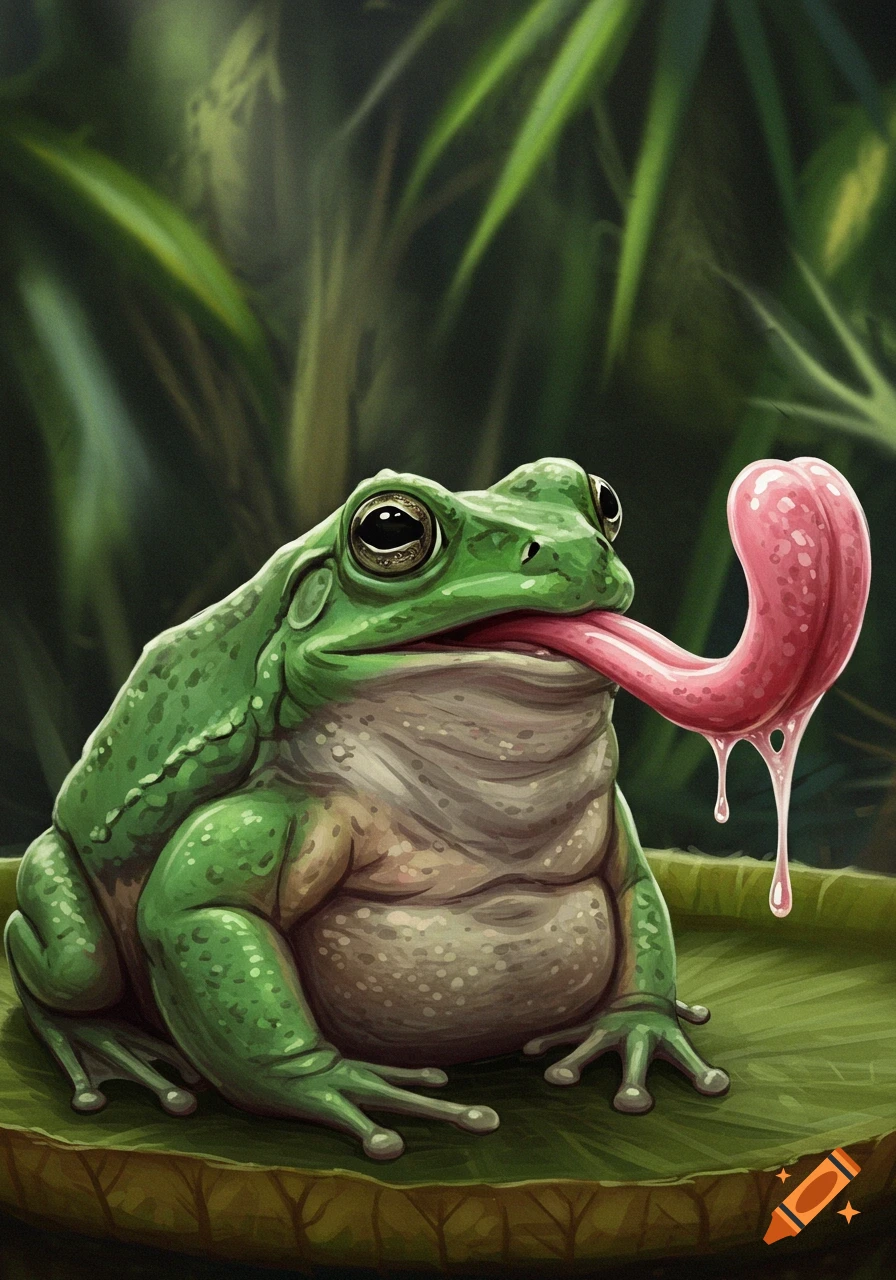 Illustration of a fat green frog sitting on a lily pad with a long pink slimy tongue sticking out.